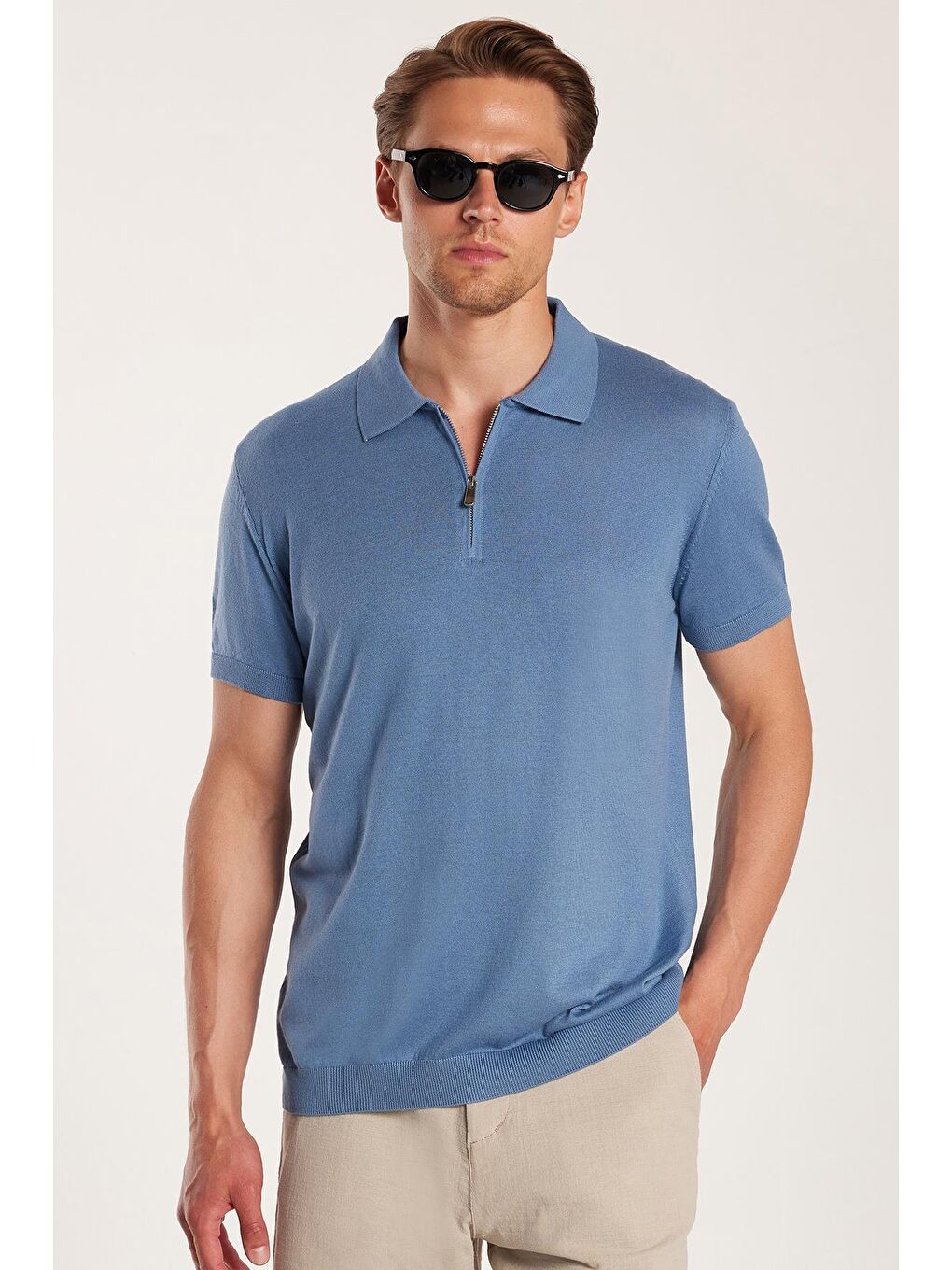 Erkek Slim Fit Dar Kesim Pamuklu Örme Triko Fermuarlı İndigo Polo Yaka Tişört-1