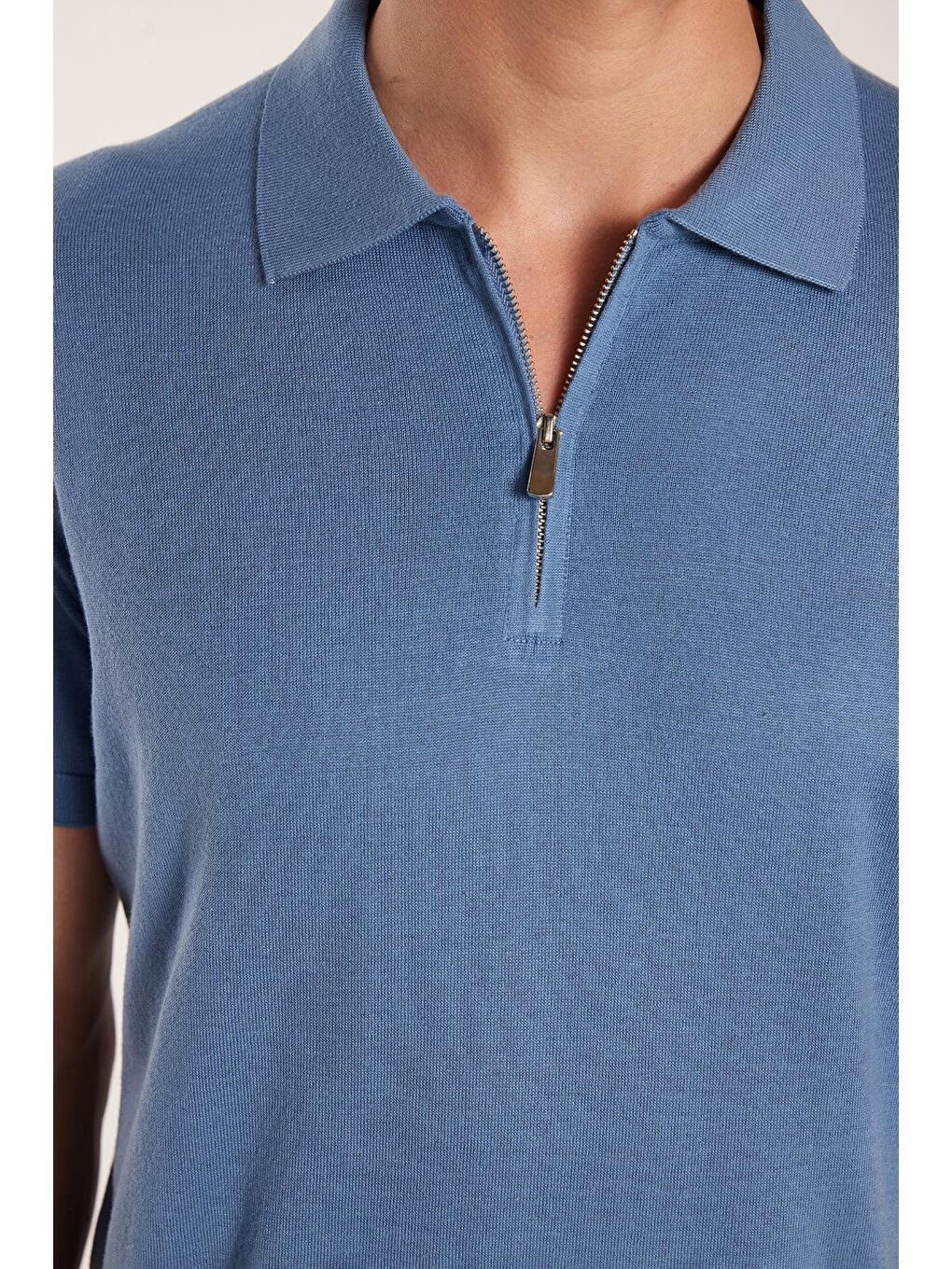 Erkek Slim Fit Dar Kesim Pamuklu Örme Triko Fermuarlı İndigo Polo Yaka Tişört-2