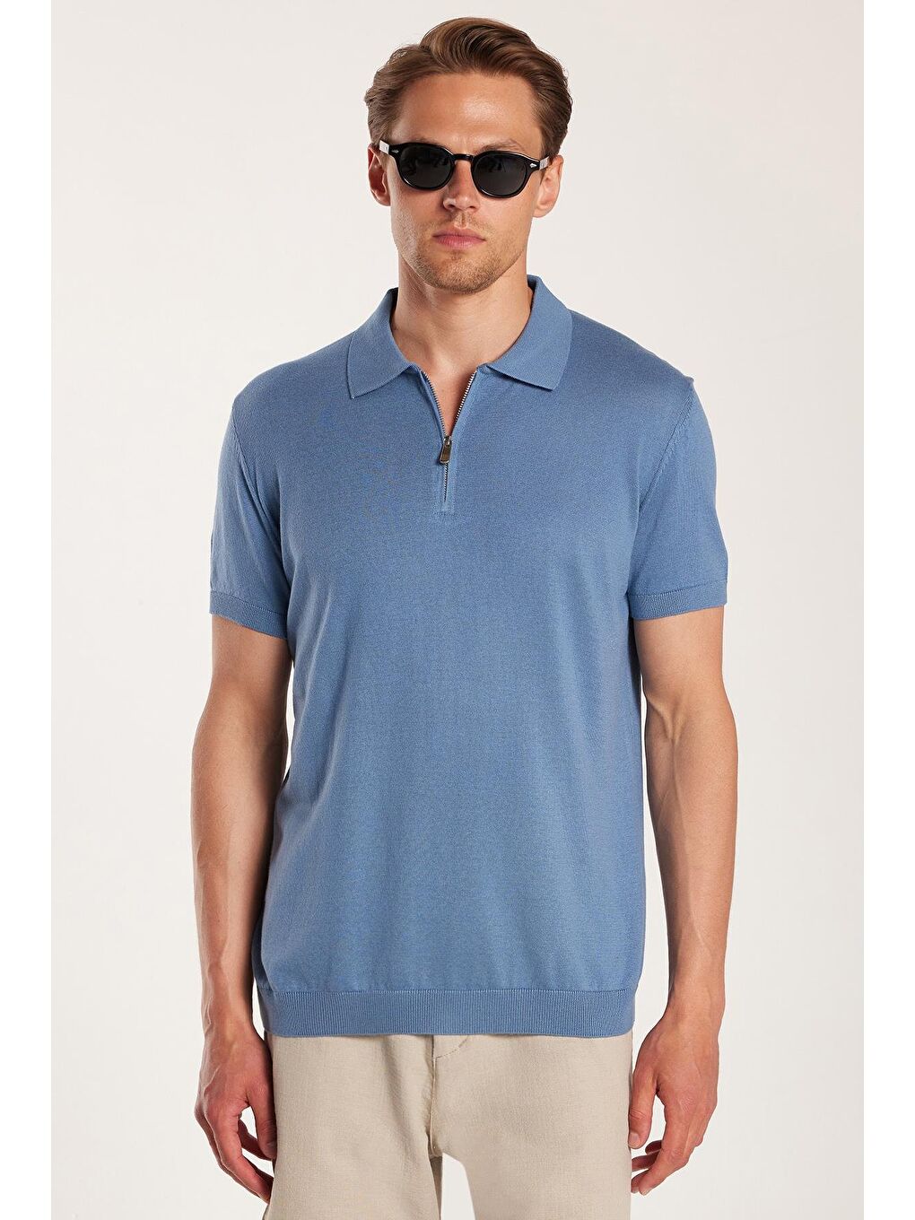 Erkek Slim Fit Dar Kesim Pamuklu Örme Triko Fermuarlı İndigo Polo Yaka Tişört-3