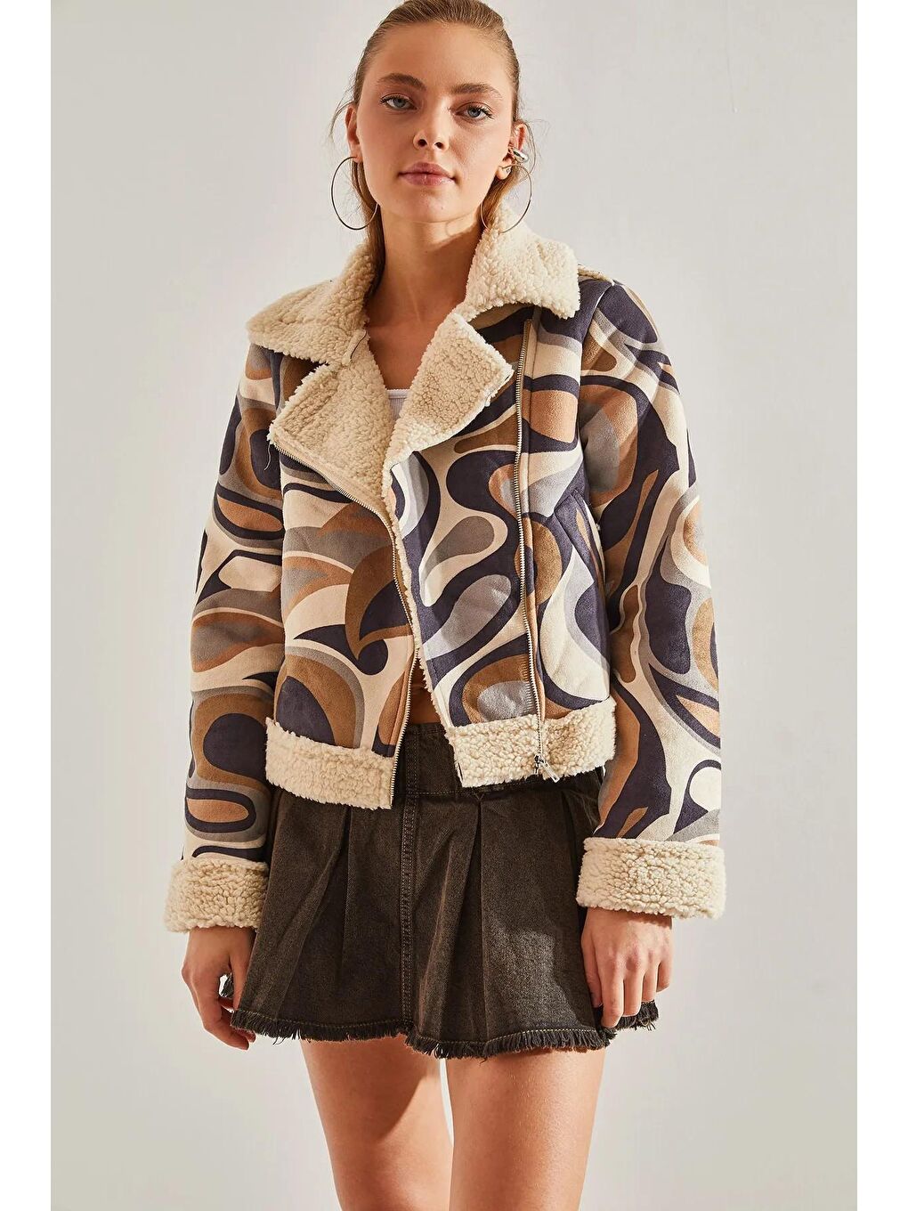 Karışık Kadın İçi Peluşlu Multi Desenli Mont-2