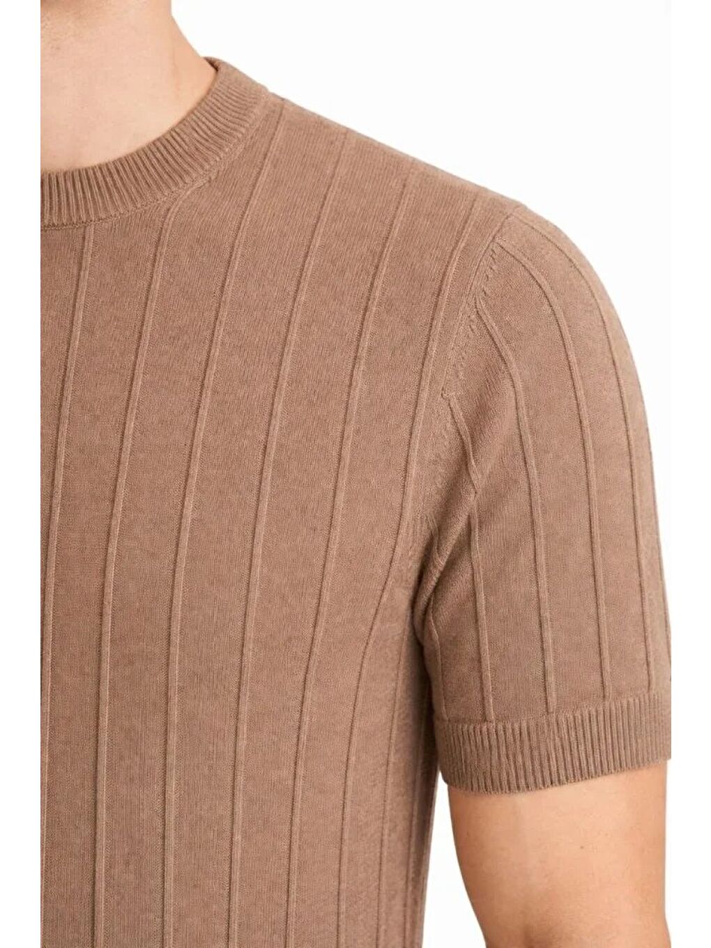 Kahverengi Erkek Yazlık Fitilli Triko Tişört Kısa Kol Bisiklet Yaka-1