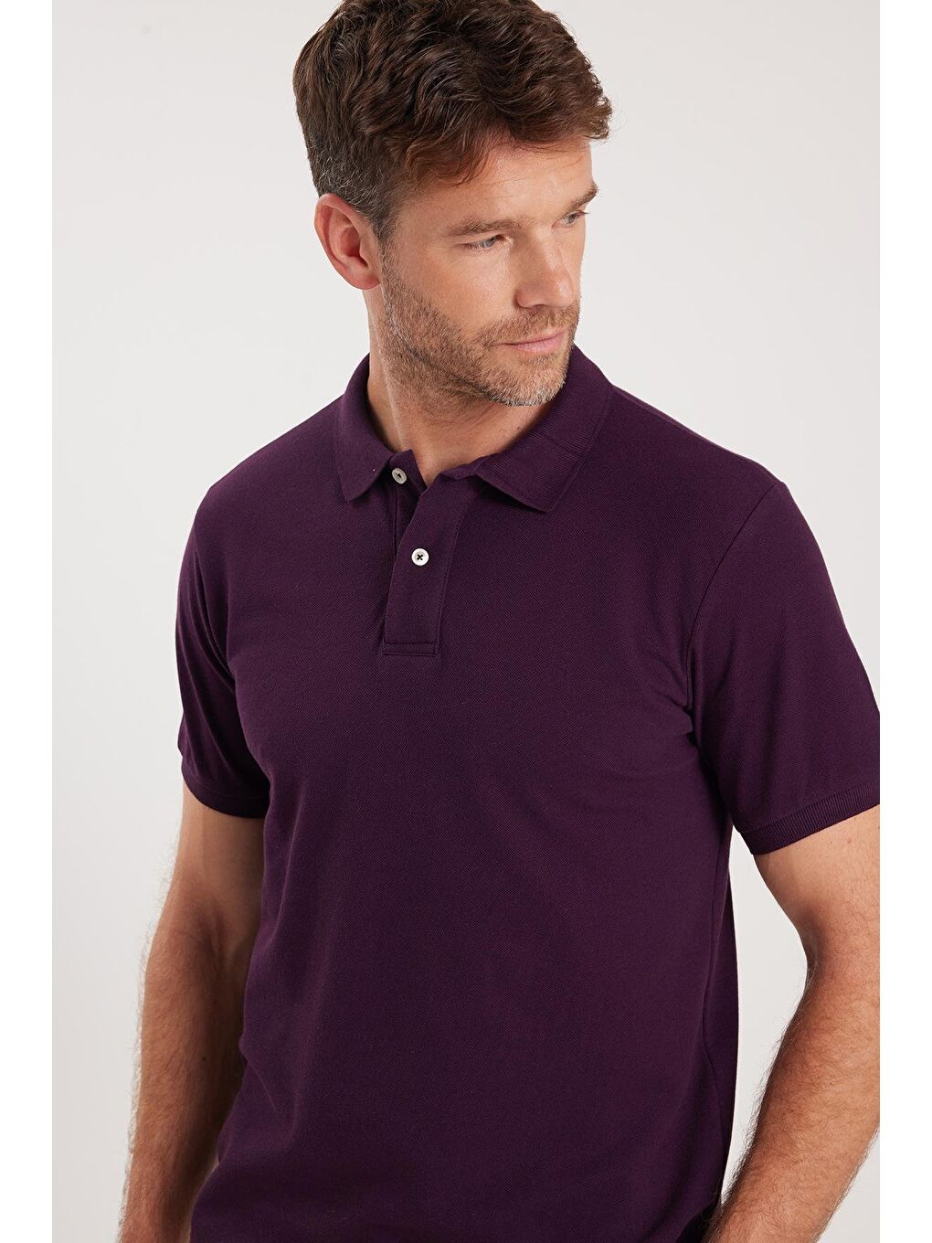 Erkek Slim Fit Dar Kesim Pamuklu Yumuşak Dokulu Serin Tutan Kumaş Düz Pike Mürdüm Polo Yaka Tişört-1