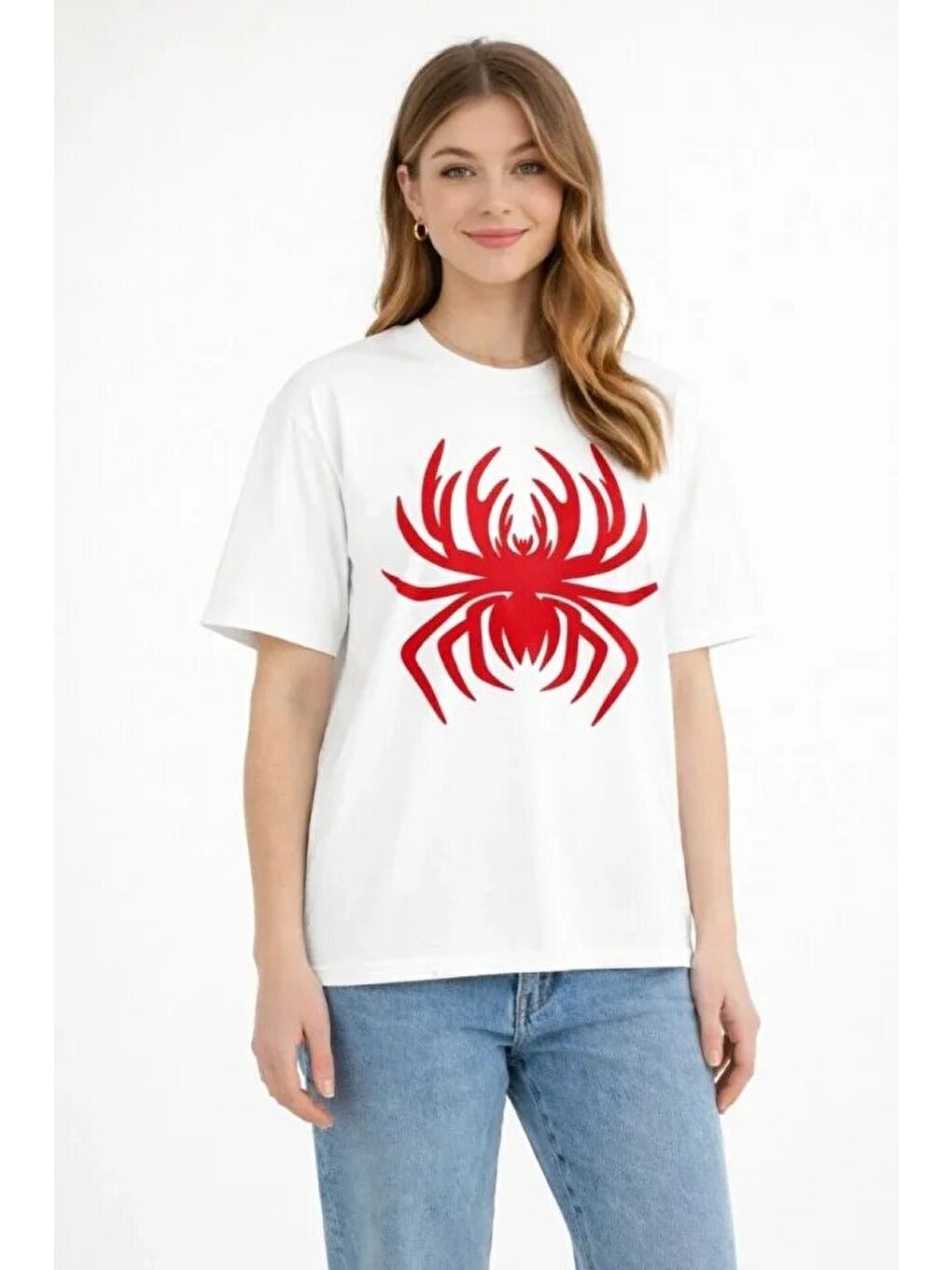 Örümcek Baskılı Tişört Kısa Kollu Bisiklet Yaka T-Shirt - Beyaz-1