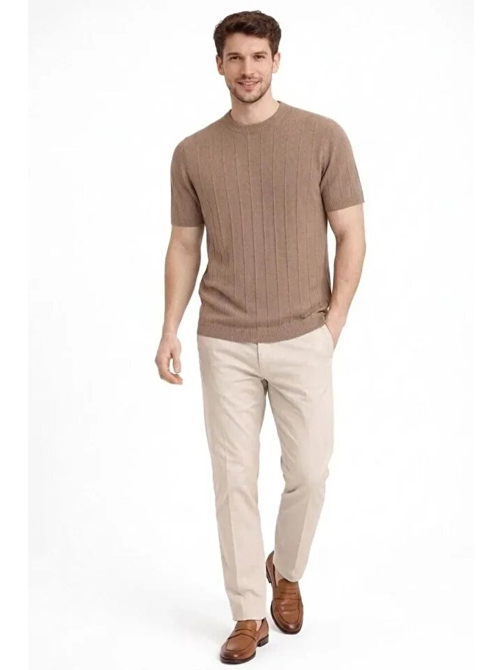 Kahverengi Erkek Yazlık Fitilli Triko Tişört Kısa Kol Bisiklet Yaka-2