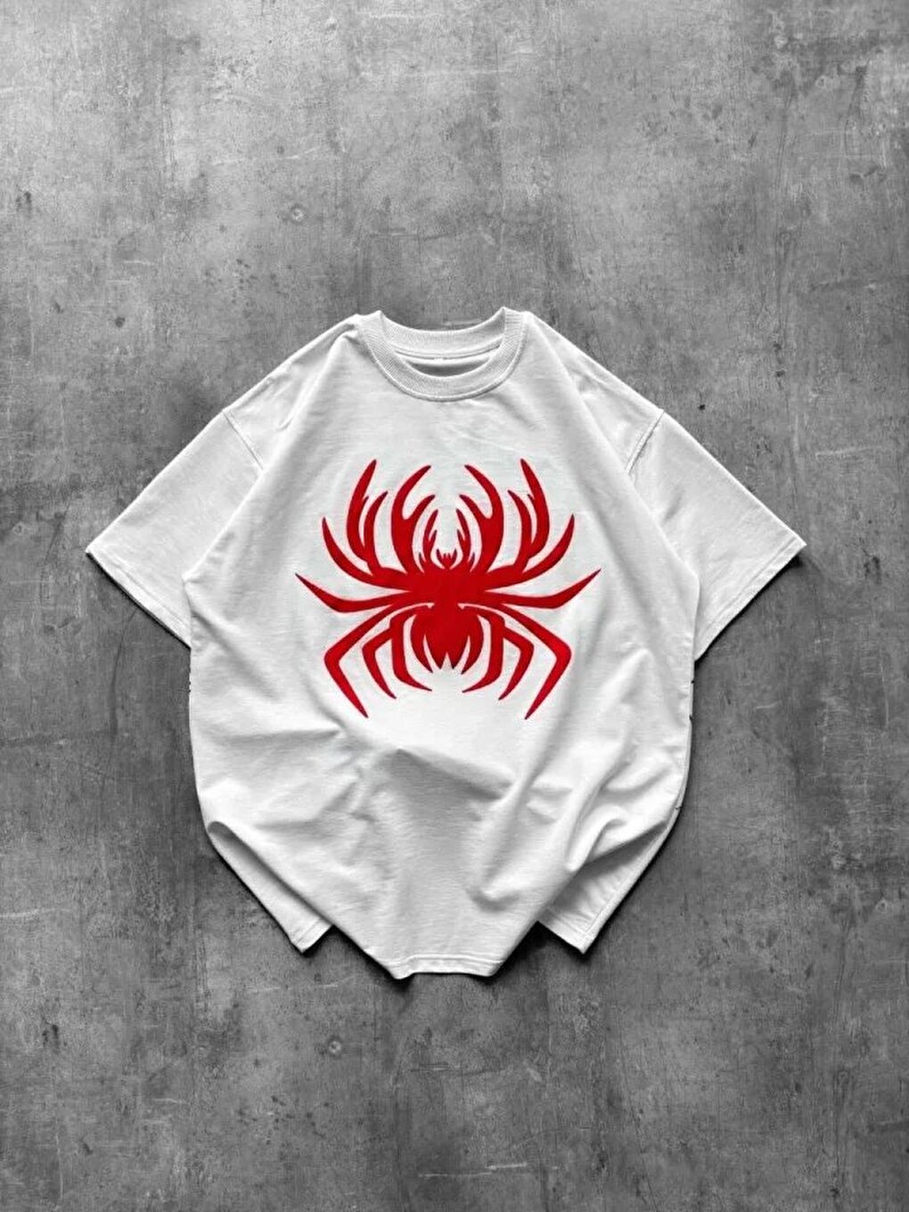 Örümcek Baskılı Tişört Kısa Kollu Bisiklet Yaka T-Shirt - Beyaz-2