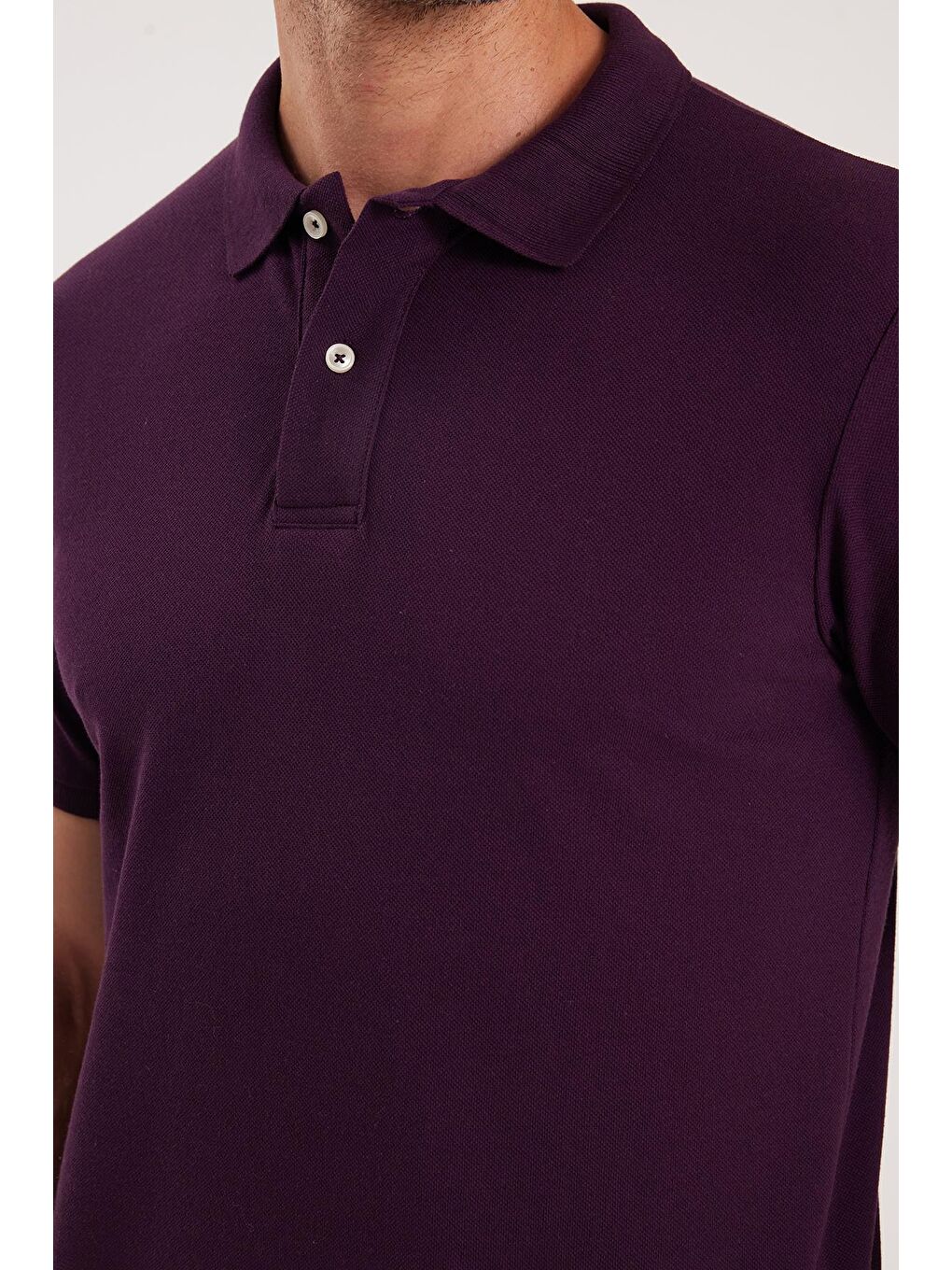 Erkek Slim Fit Dar Kesim Pamuklu Yumuşak Dokulu Serin Tutan Kumaş Düz Pike Mürdüm Polo Yaka Tişört-2