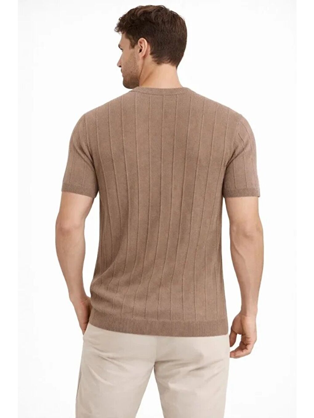 Kahverengi Erkek Yazlık Fitilli Triko Tişört Kısa Kol Bisiklet Yaka-3