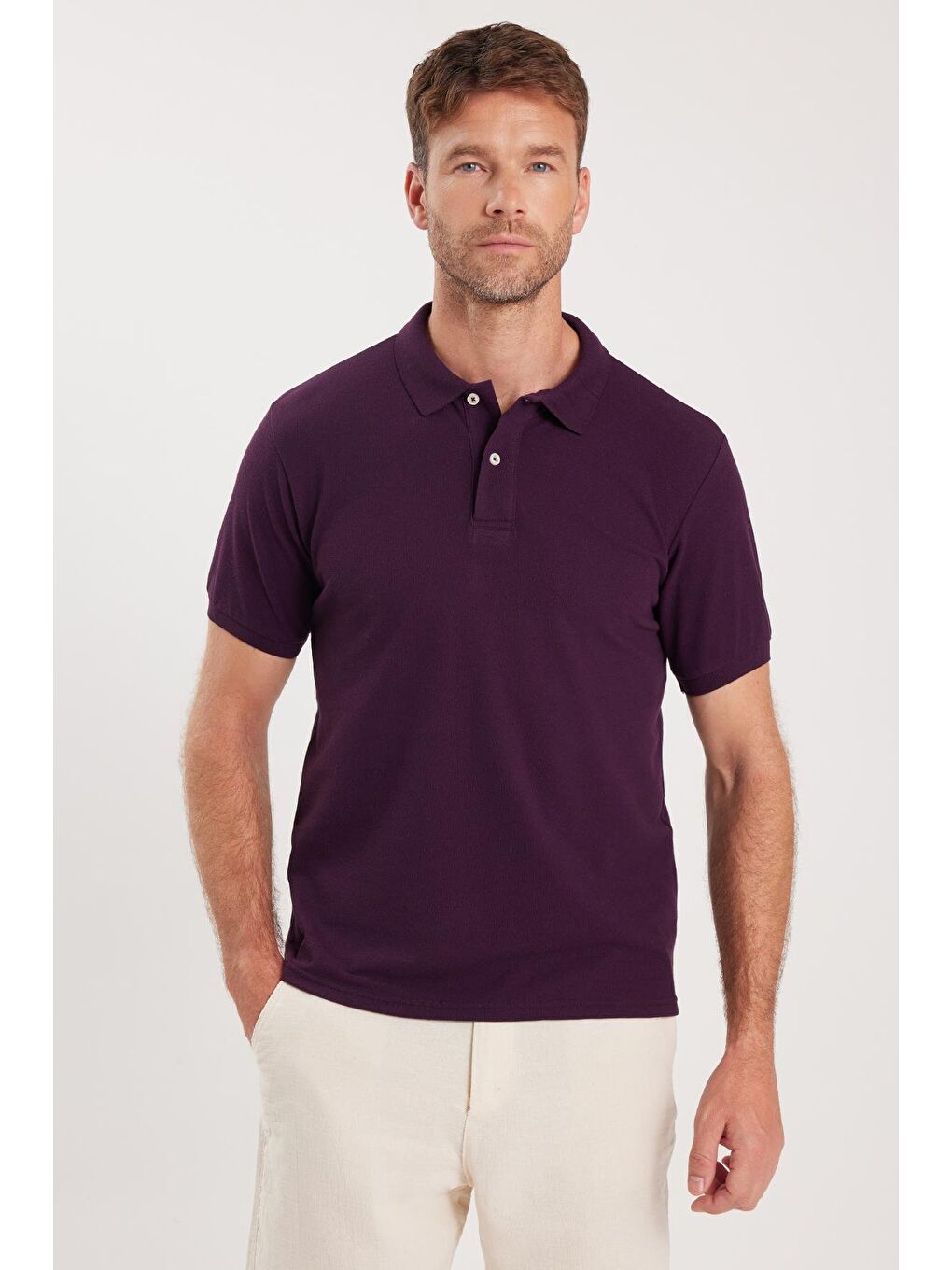 Erkek Slim Fit Dar Kesim Pamuklu Yumuşak Dokulu Serin Tutan Kumaş Düz Pike Mürdüm Polo Yaka Tişört-3