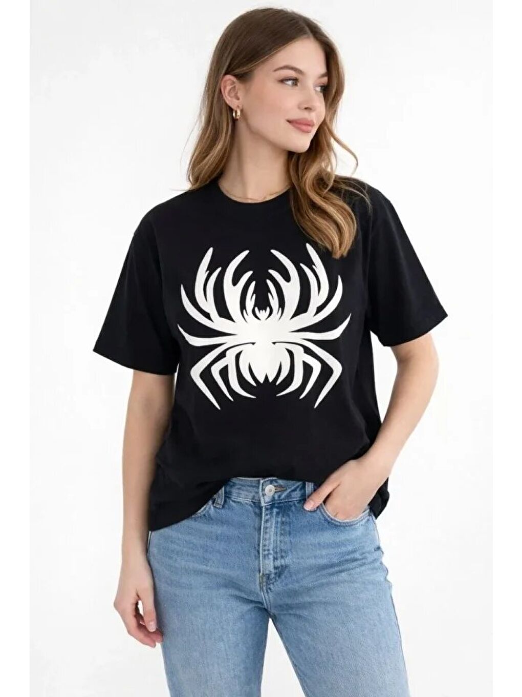 Örümcek Baskılı Tişört Kısa Kollu Bisiklet Yaka T-Shirt - Siyah-1