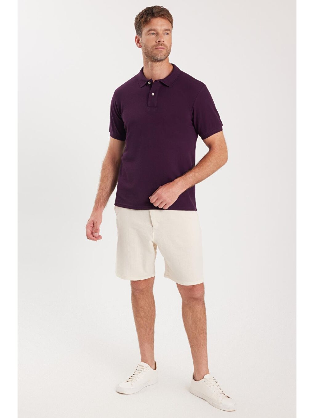 Erkek Slim Fit Dar Kesim Pamuklu Yumuşak Dokulu Serin Tutan Kumaş Düz Pike Mürdüm Polo Yaka Tişört-4