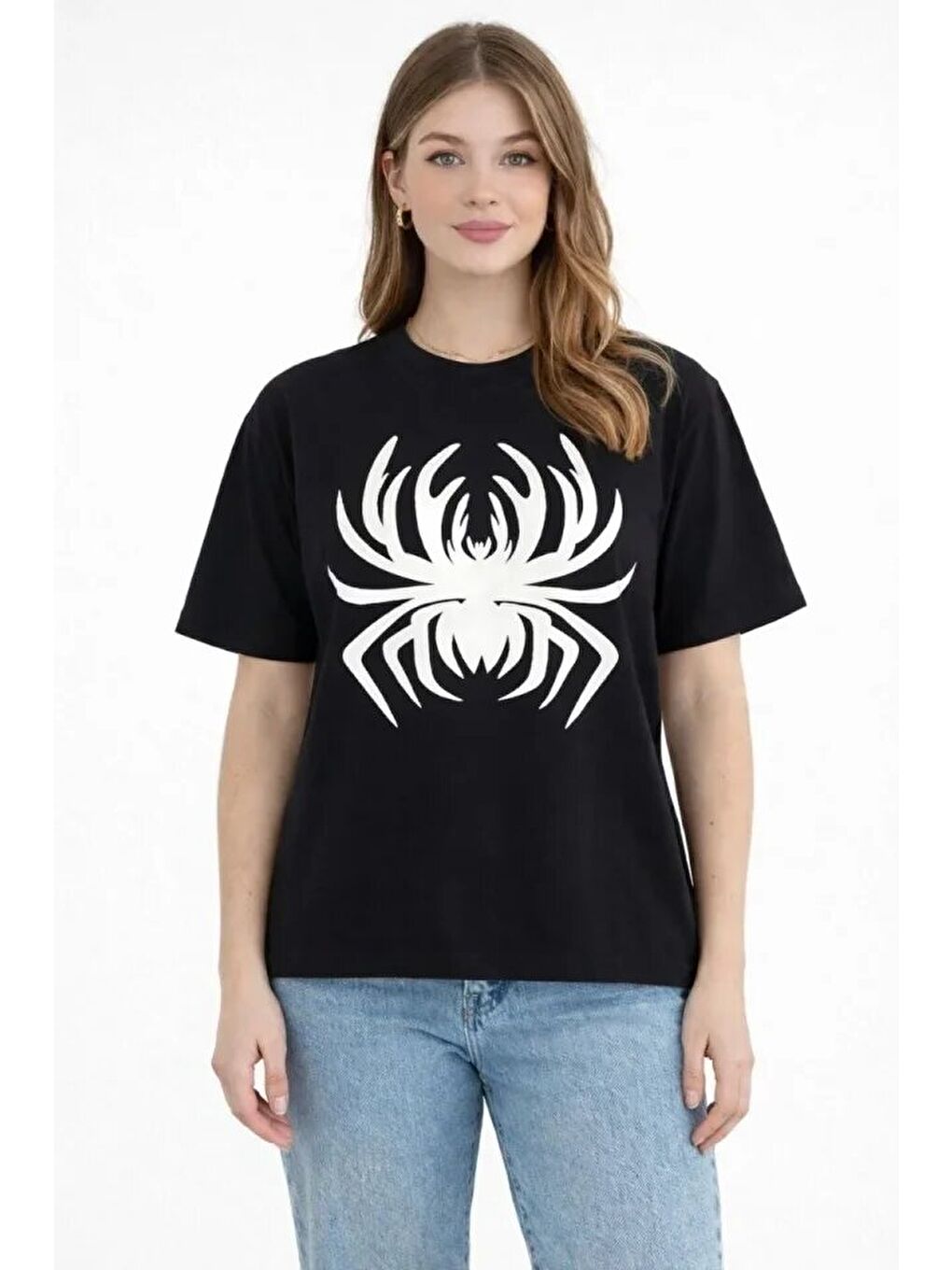 Örümcek Baskılı Tişört Kısa Kollu Bisiklet Yaka T-Shirt - Siyah-2