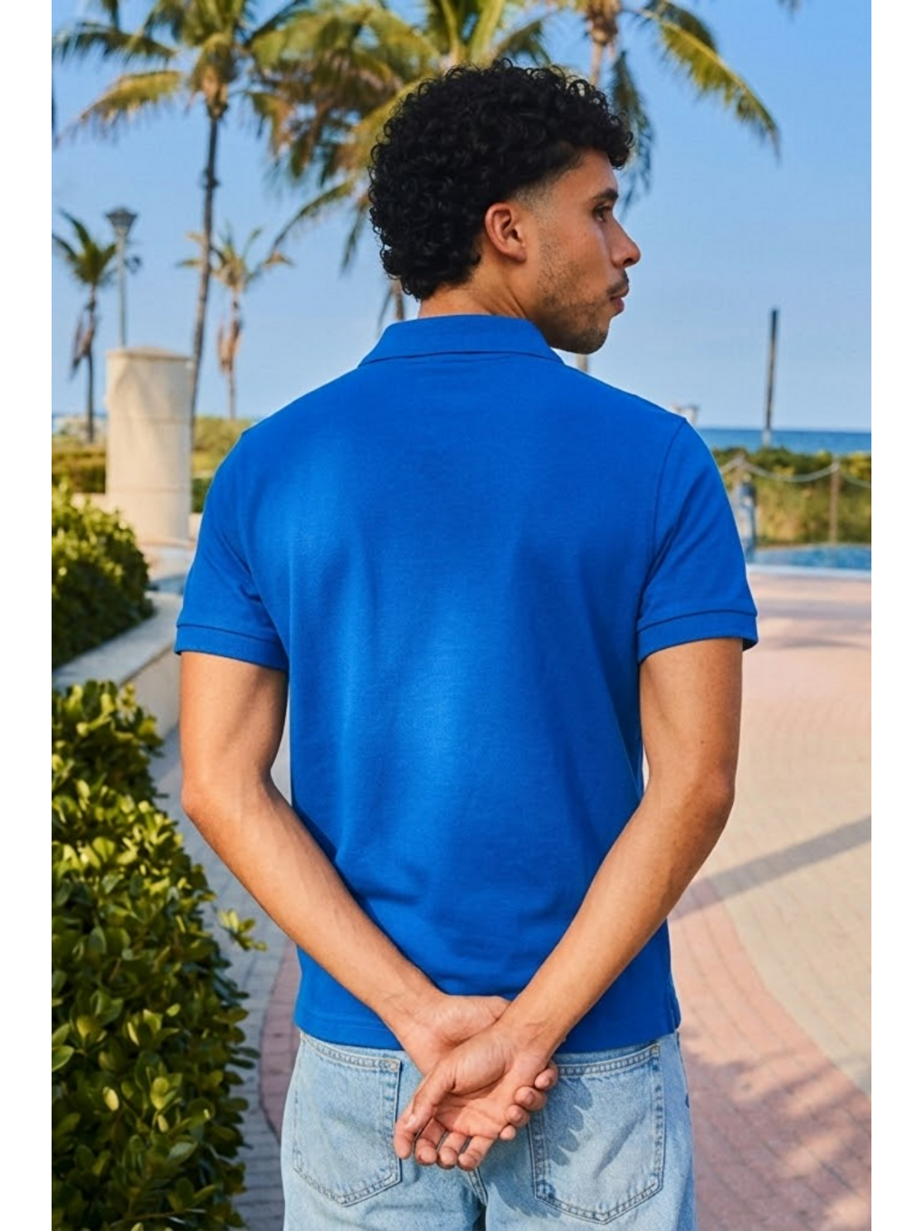 Erkek Kısa Kollu Mavi Bol Polo Yaka Tişört-5