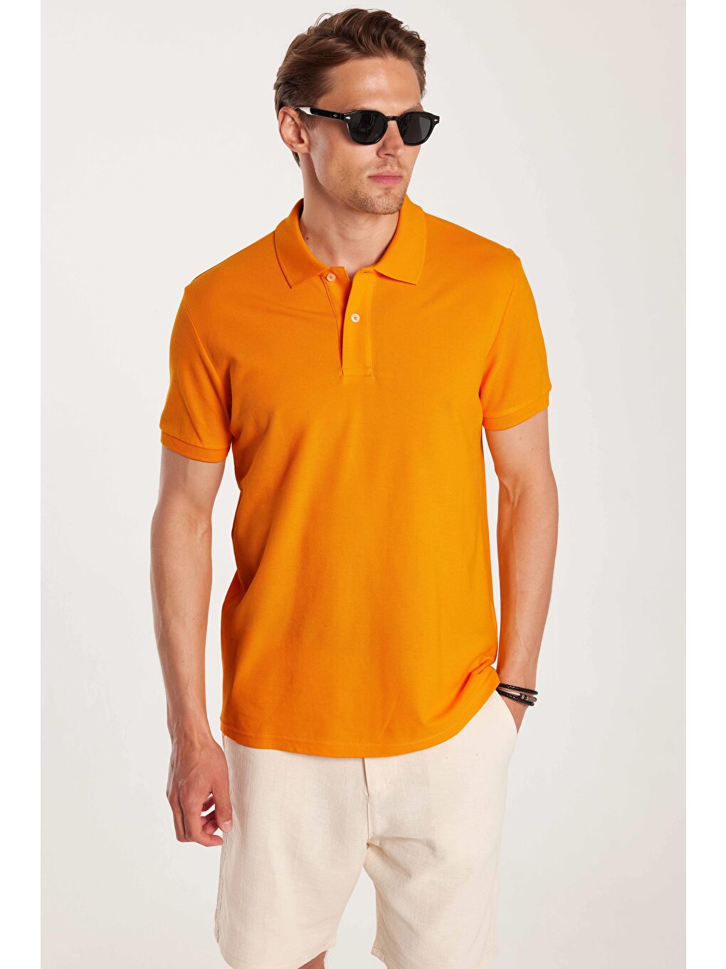 Erkek Slim Fit Dar Kesim %100 Pamuk Turuncu Polo Yaka Tişört-1