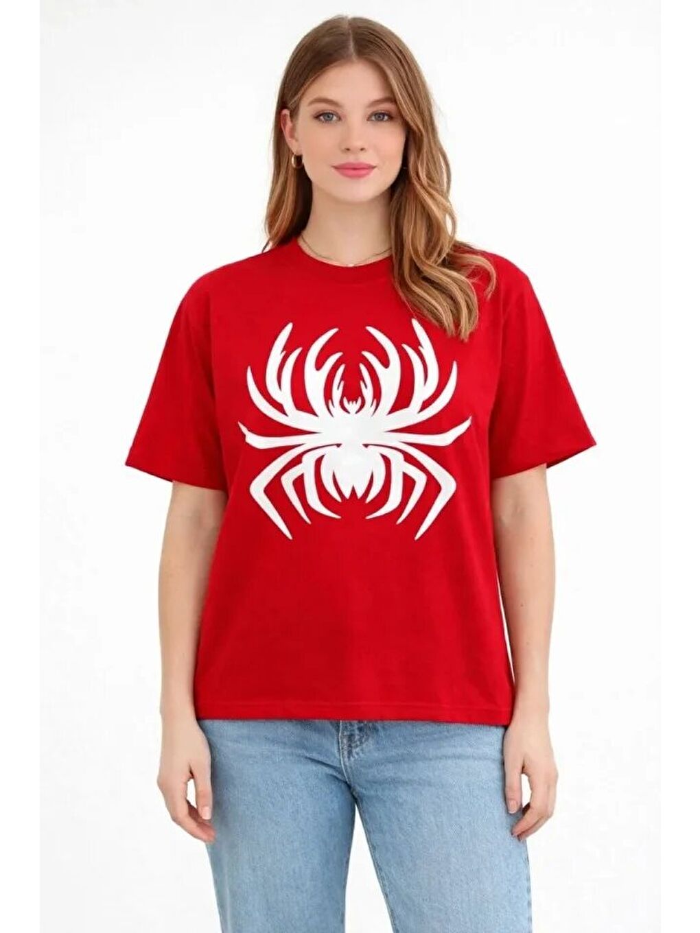 Örümcek Baskılı Tişört Kısa Kollu Bisiklet Yaka T-Shirt - Kırmızı-1