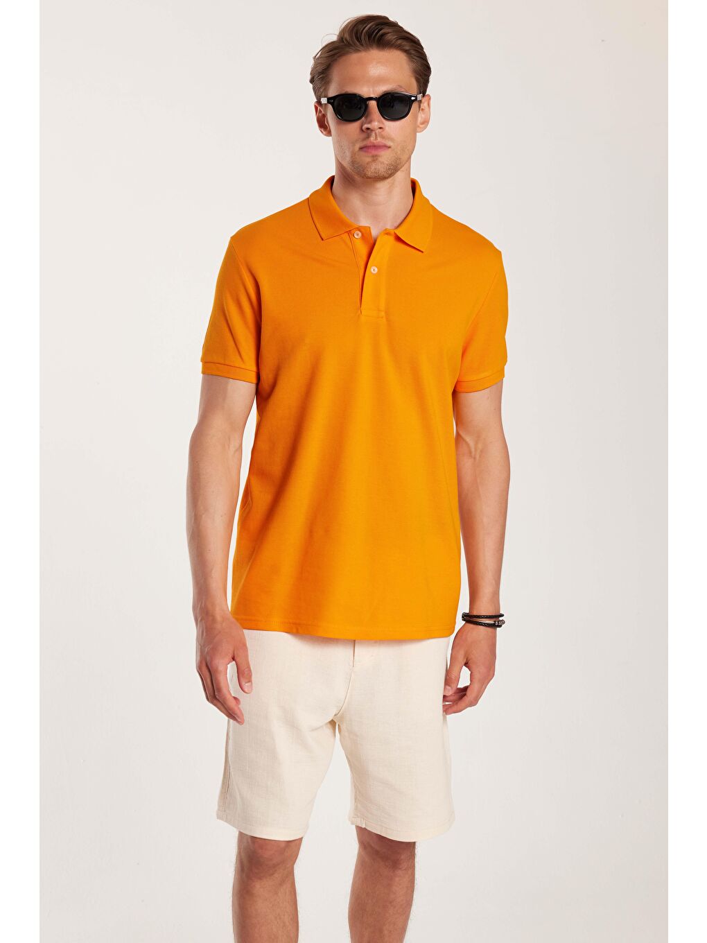 Erkek Slim Fit Dar Kesim %100 Pamuk Turuncu Polo Yaka Tişört-3