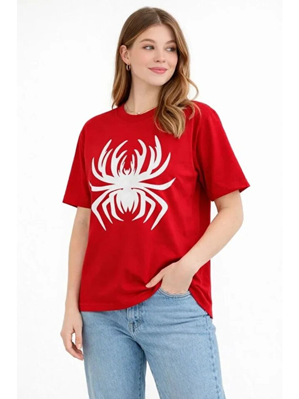 Örümcek Baskılı Tişört Kısa Kollu Bisiklet Yaka T-Shirt - Kırmızı-2