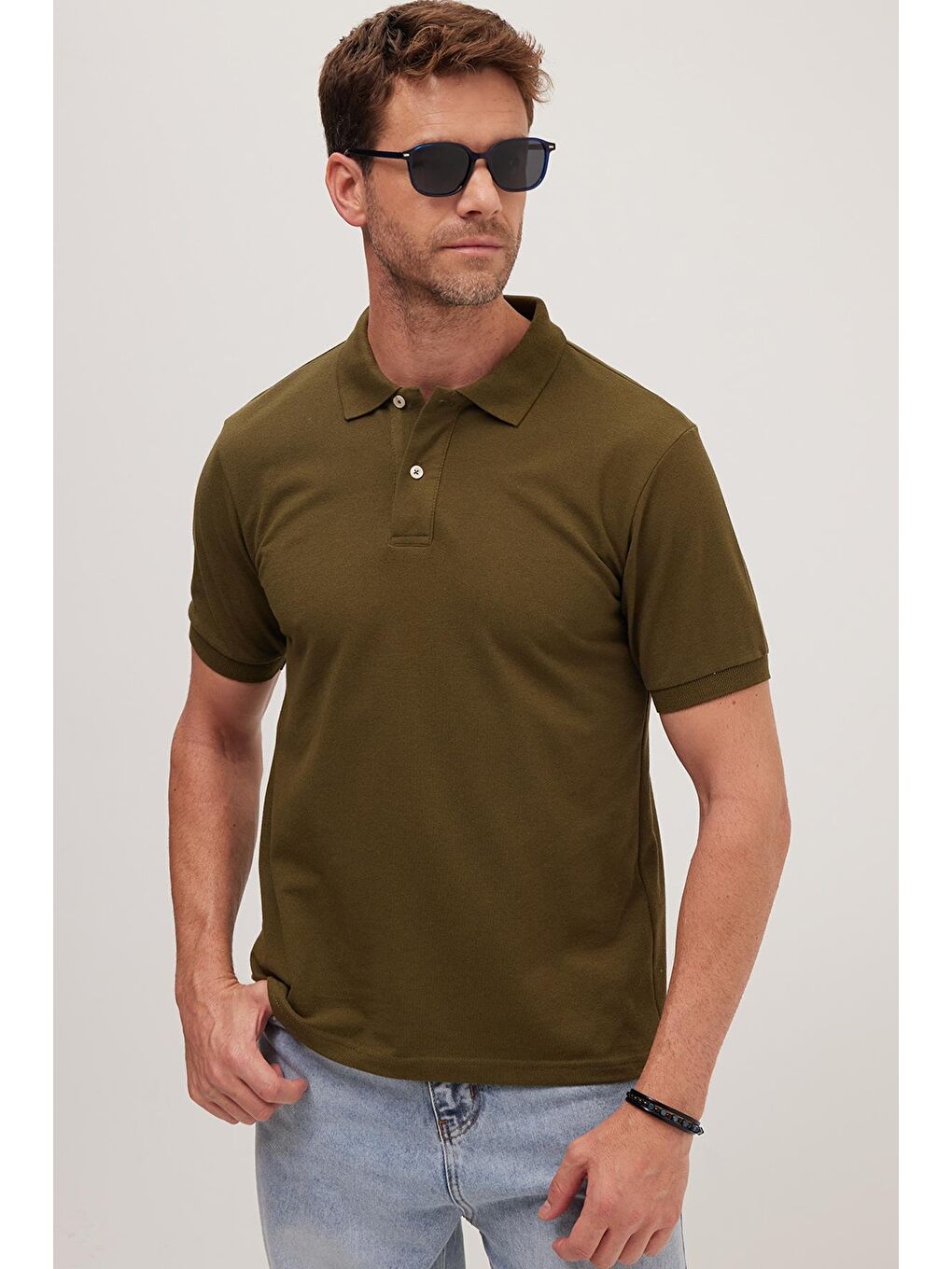 Yeşil Erkek Slim Fit Dar Kesim Pamuklu Yumuşak Dokulu Serin Tutan Kumaş Düz Pike Polo Yaka Tişört-1