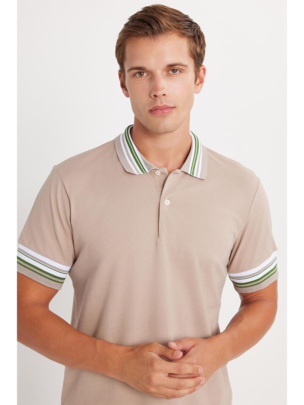 Erkek Slim Fit Dar Kesim %100 Pamuk Düz Pike Yaka Ve Kol Detaylı Bej Polo Yaka Tişört