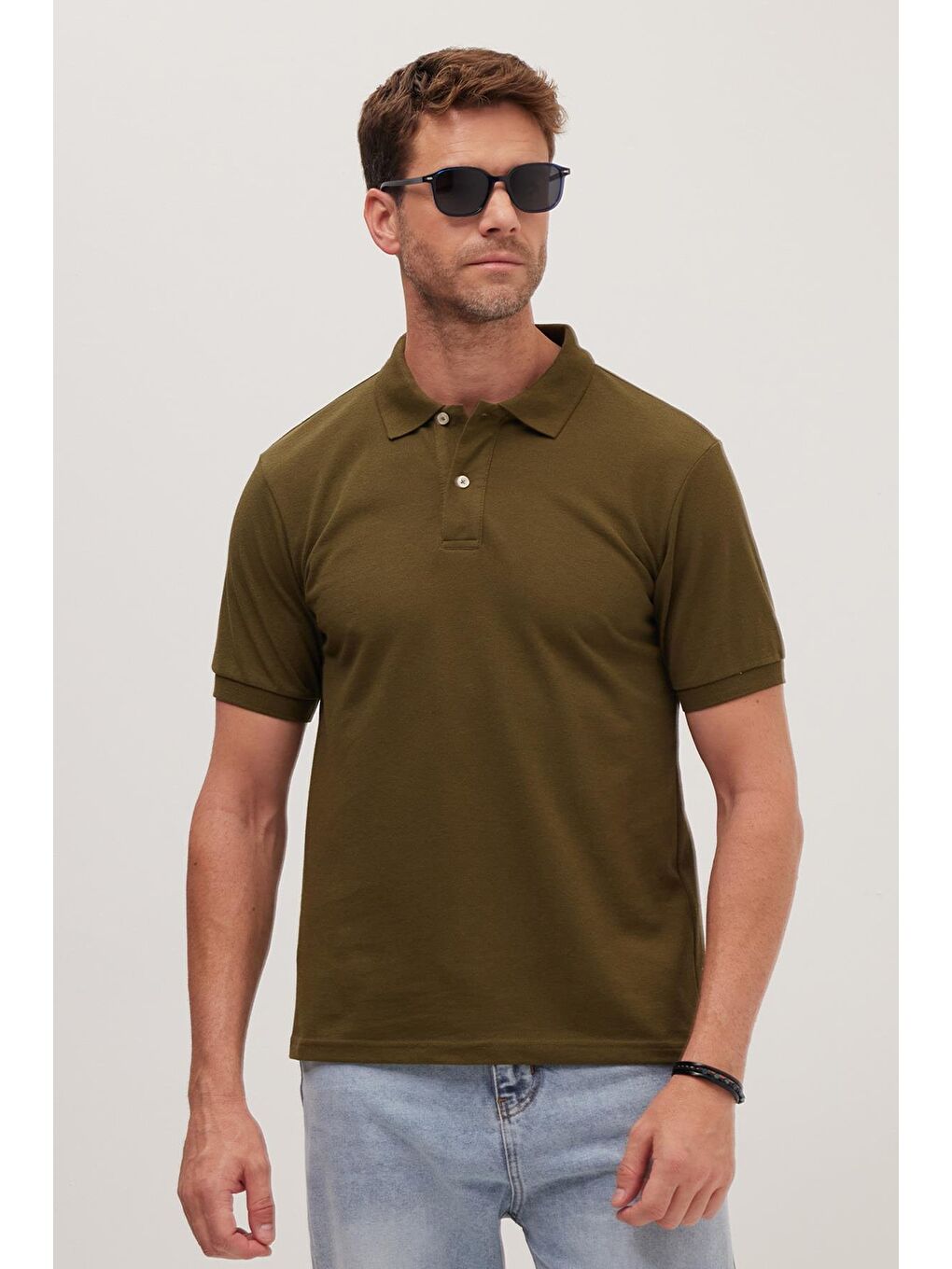 Yeşil Erkek Slim Fit Dar Kesim Pamuklu Yumuşak Dokulu Serin Tutan Kumaş Düz Pike Polo Yaka Tişört-3