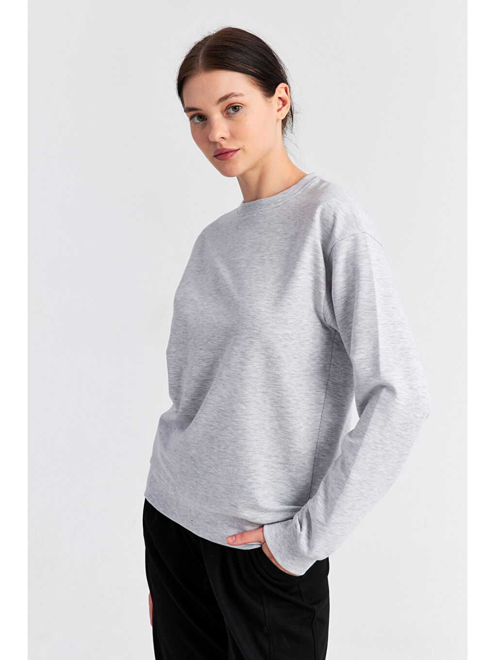 Ecrou Açık Gri Kadın Gri Melanj Bisiklet Yaka Oversize Örme Sweatshirt - 2