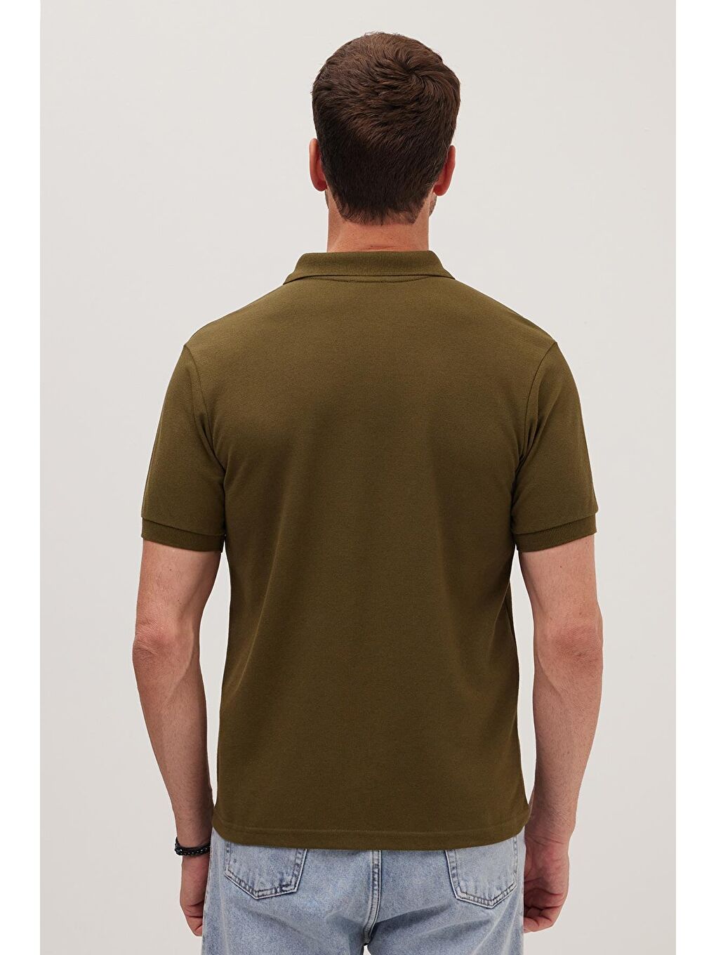 Yeşil Erkek Slim Fit Dar Kesim Pamuklu Yumuşak Dokulu Serin Tutan Kumaş Düz Pike Polo Yaka Tişört-4