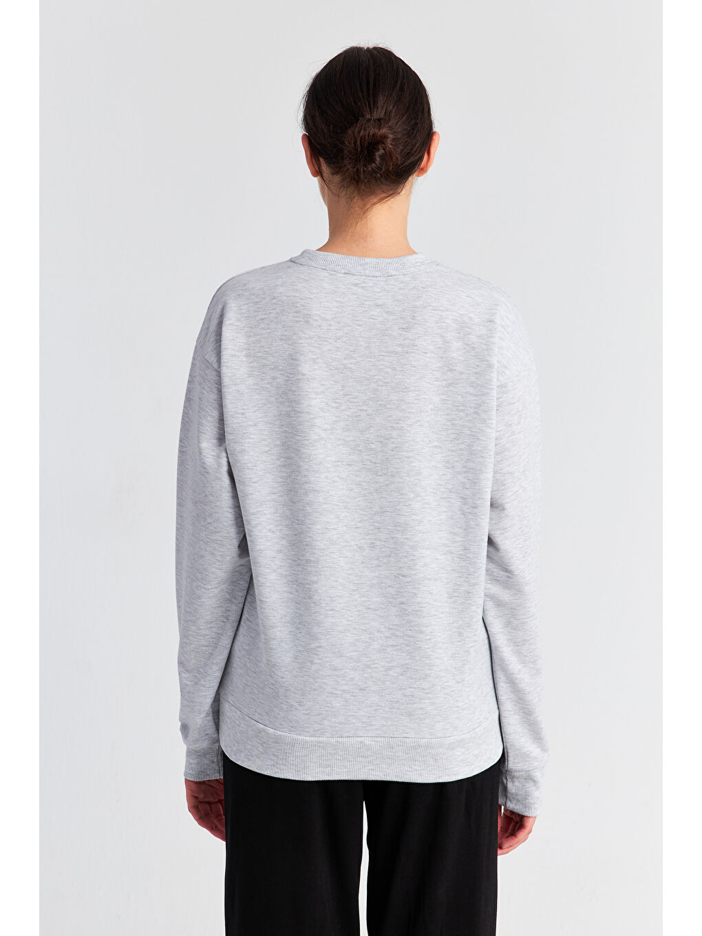 Ecrou Açık Gri Kadın Gri Melanj Bisiklet Yaka Oversize Örme Sweatshirt - 3