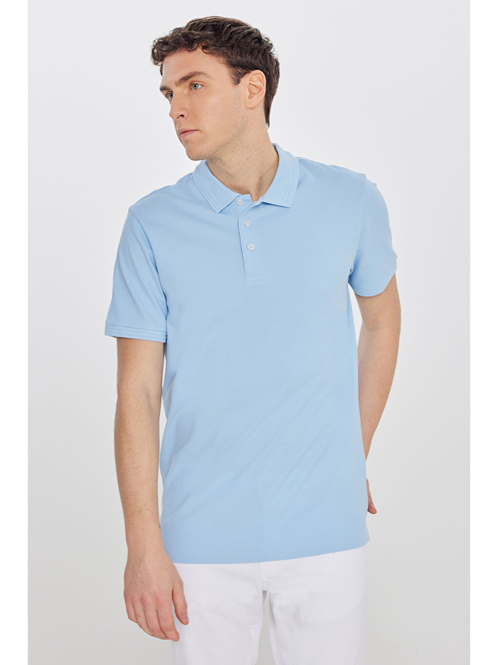 Erkek Açık Mavi %100 Pamuk Slim Fit Dar Kesim Polo Yaka Tişört-2