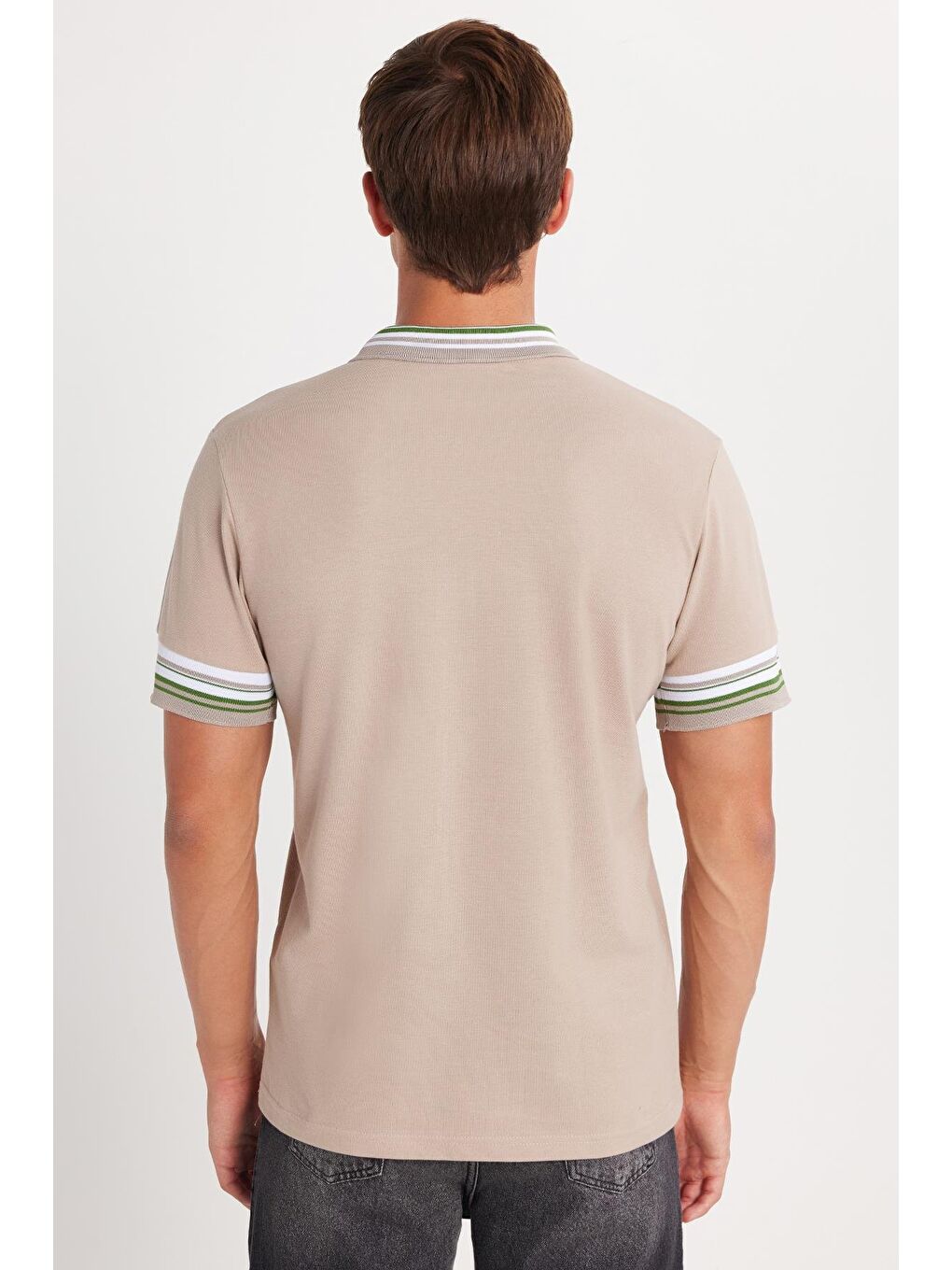 Erkek Slim Fit Dar Kesim %100 Pamuk Düz Pike Yaka Ve Kol Detaylı Bej Polo Yaka Tişört-4