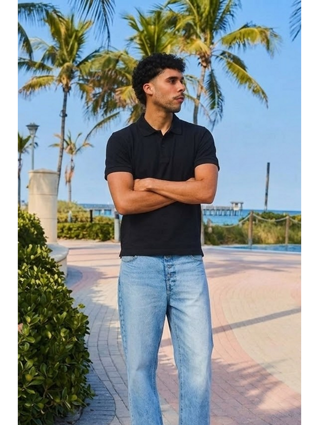 Erkek Kısa Kollu Siyah Bol Polo Yaka Tişört-1