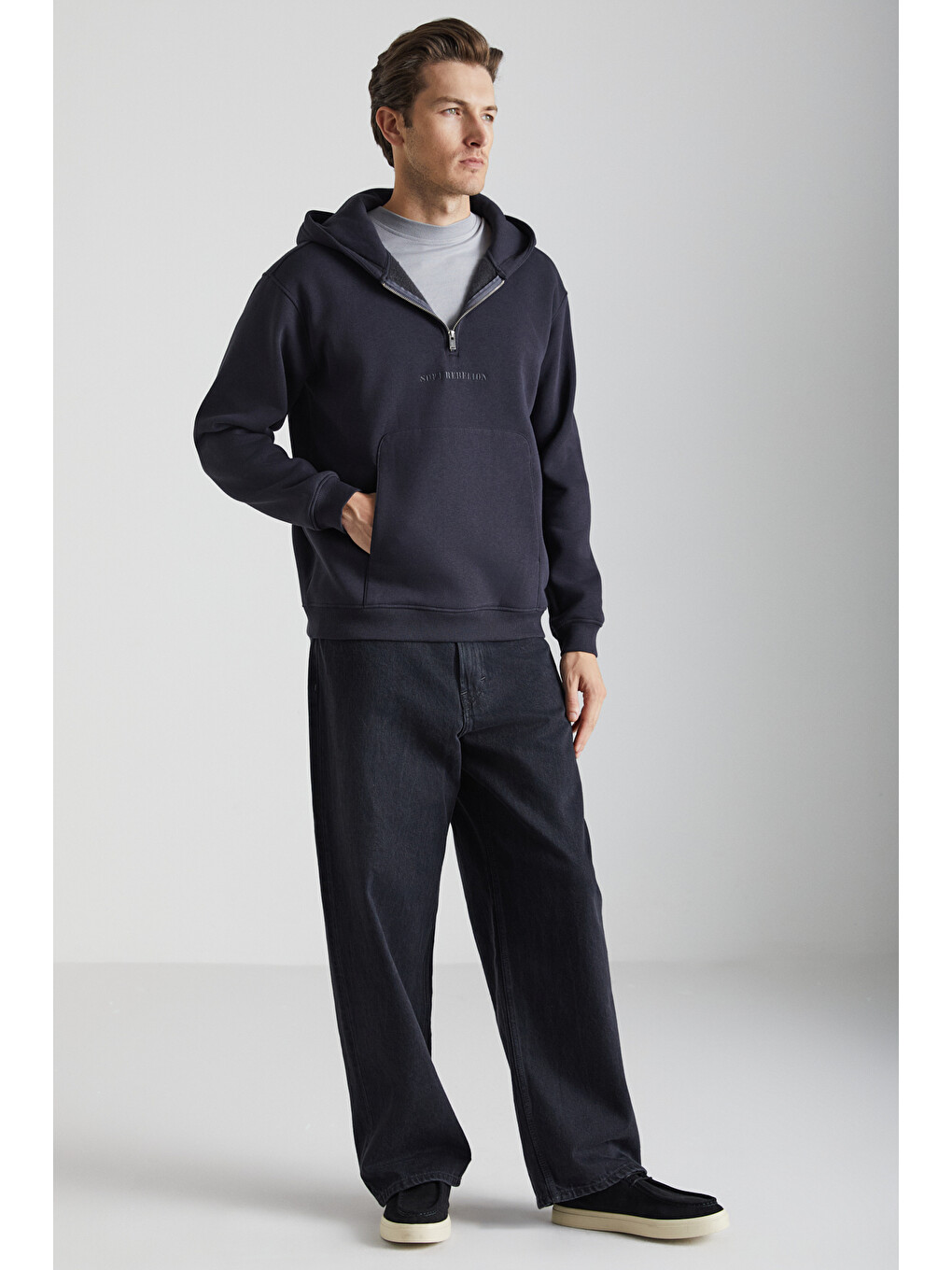 Pavle Erkek Kapüşonlu Kanguru Cepli Fermuar Yakalı Antrasit Sweatshirt-2