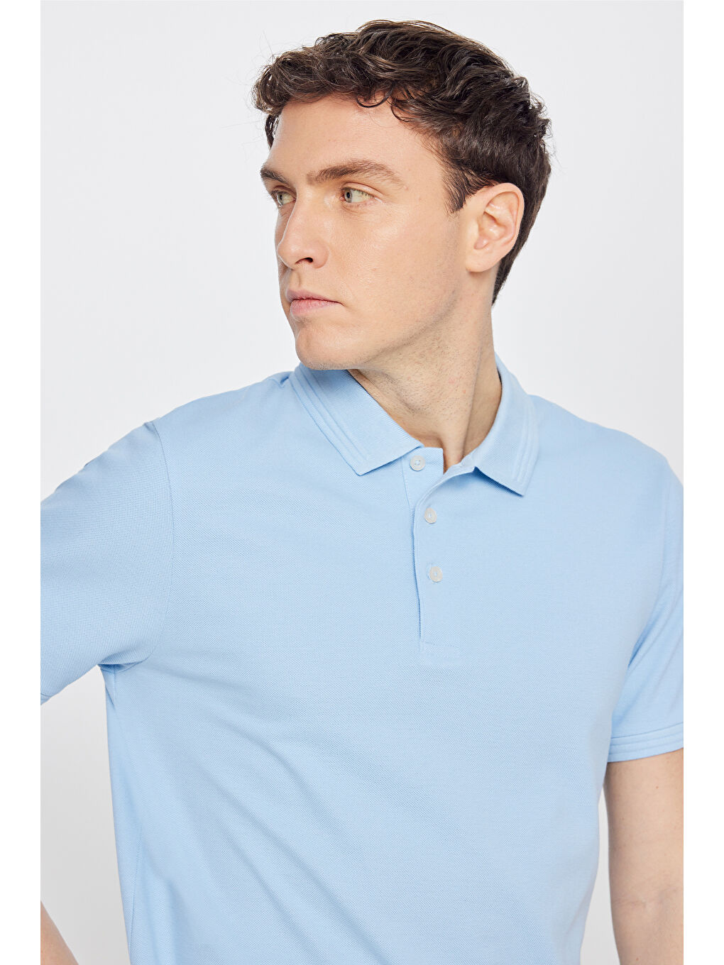 Erkek Açık Mavi %100 Pamuk Slim Fit Dar Kesim Polo Yaka Tişört-3