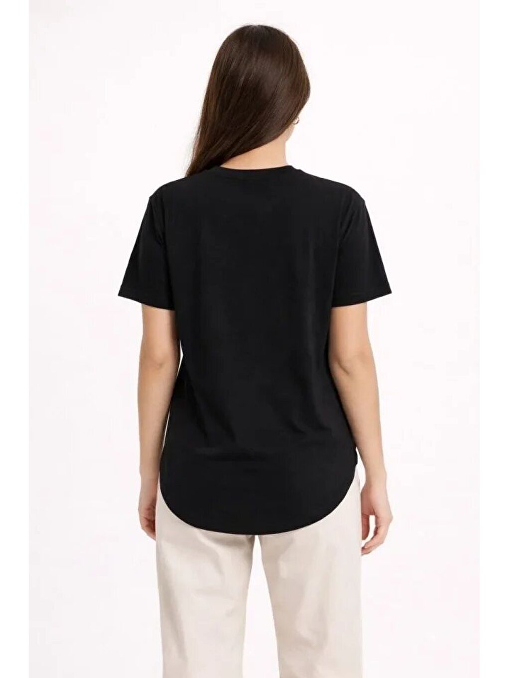 Basic T-Shirt Kısa Kol Bisiklet Yaka Oval Kesim Tişört - Siyah-1