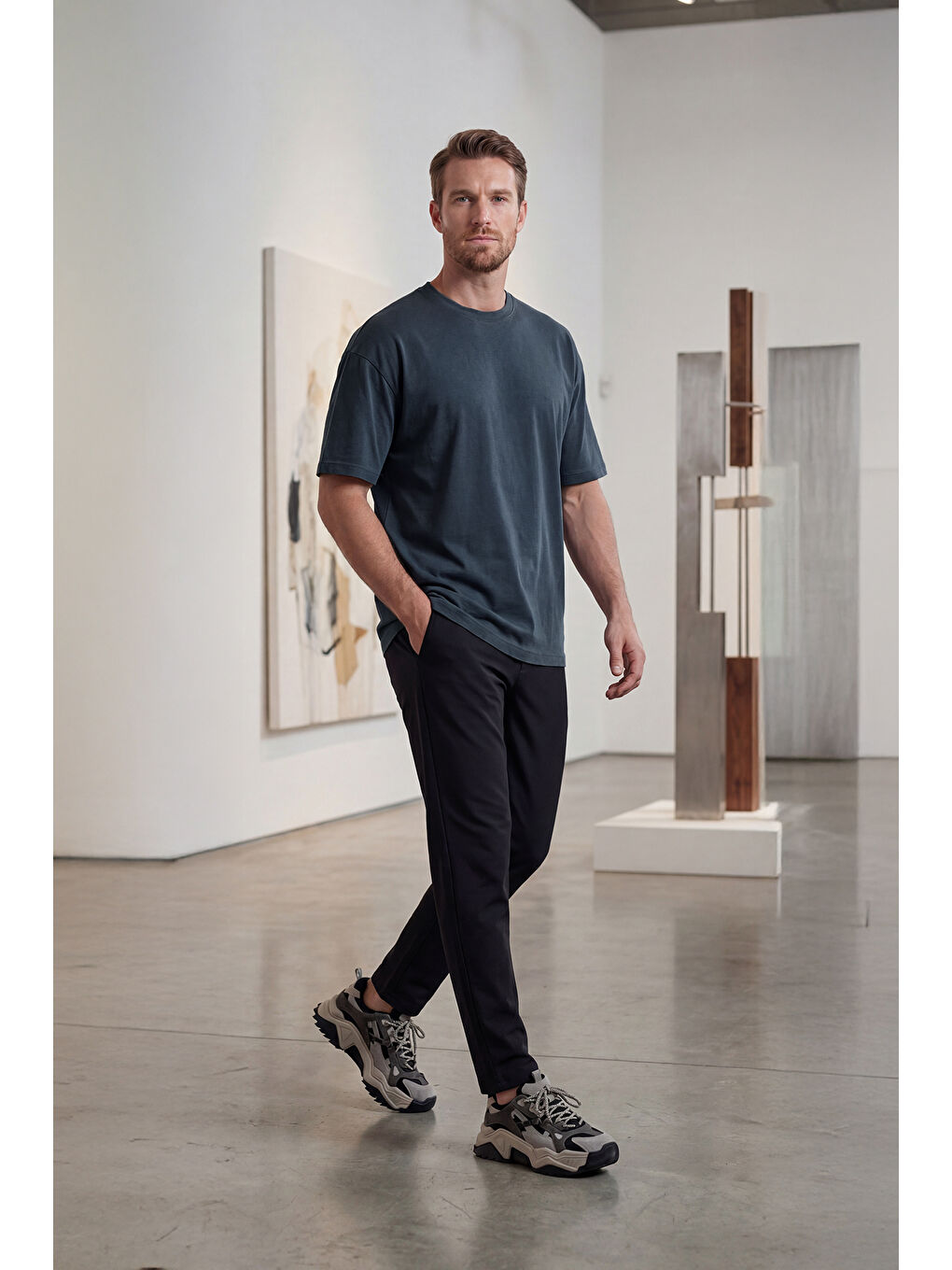 Gri %100 Organik Pamuk Düz Oversize Füme Erkek Tişört