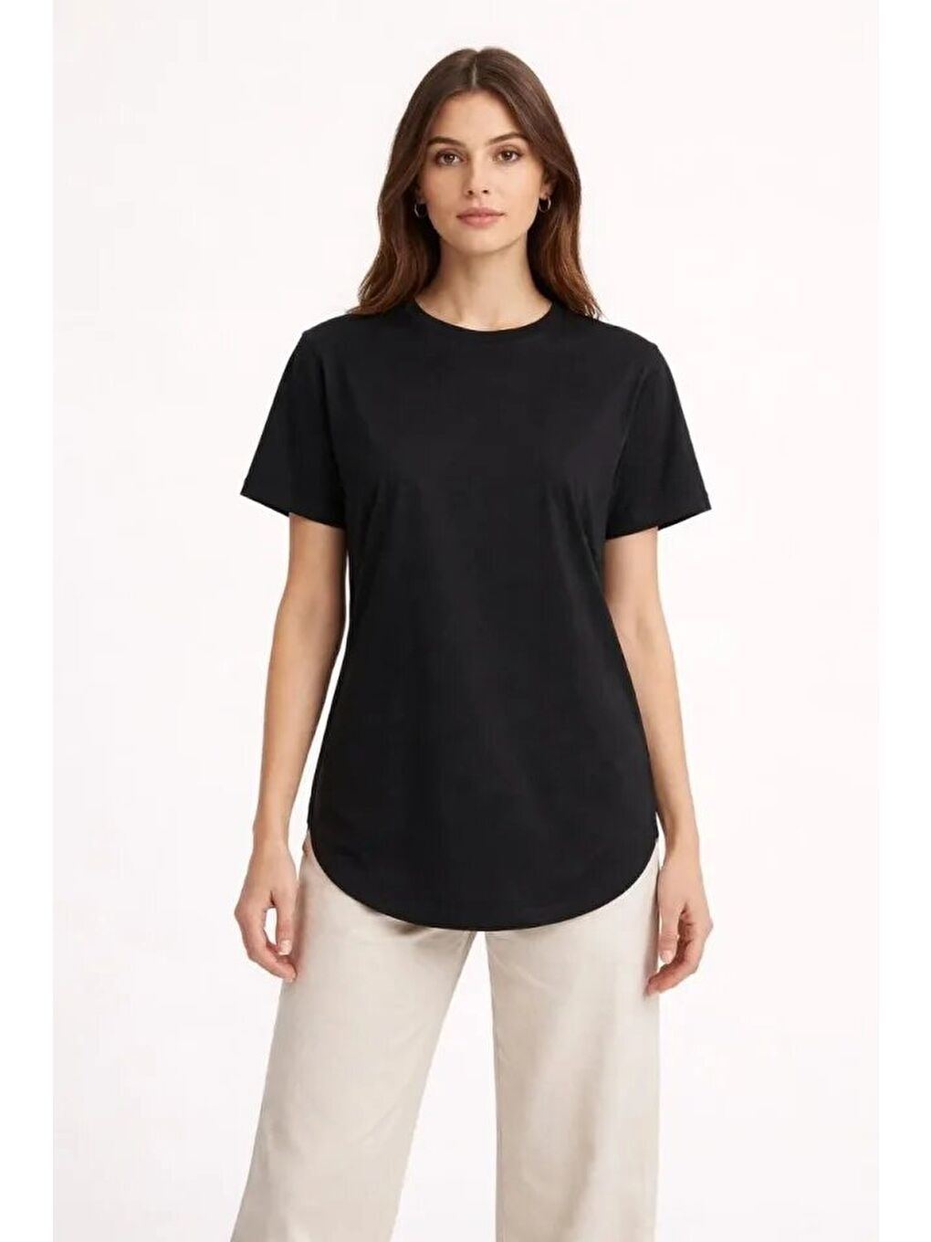 Basic T-Shirt Kısa Kol Bisiklet Yaka Oval Kesim Tişört - Siyah-2