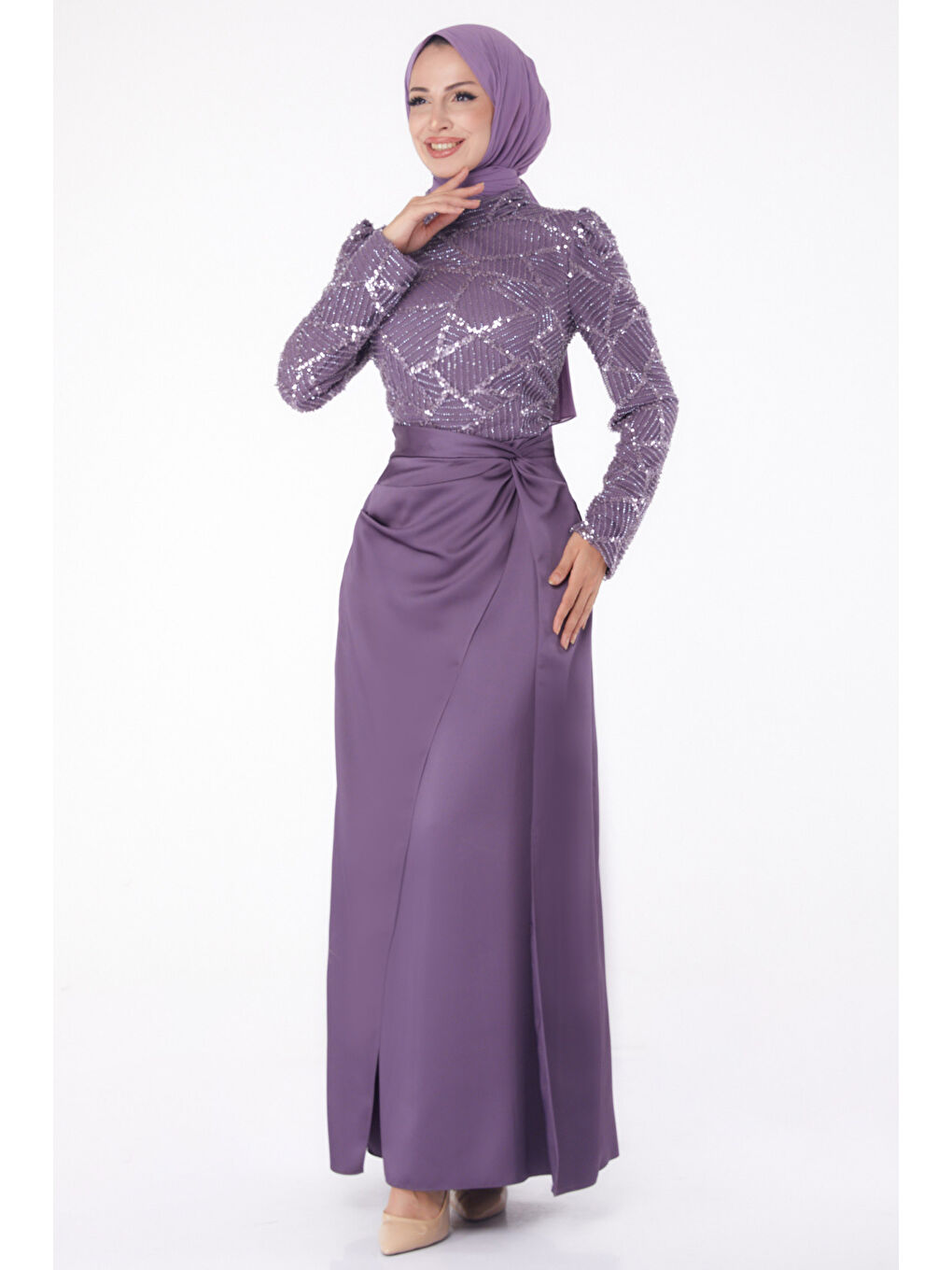 Hakim Yaka Kadın Mor Taşlı Abiye Elbise - 26196-1