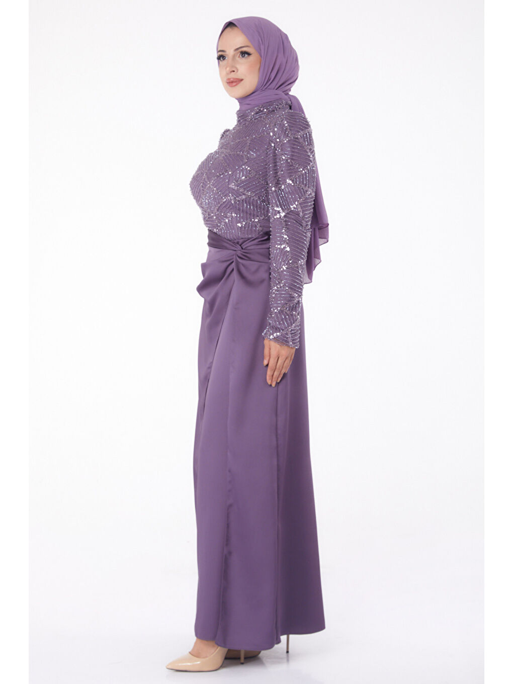 Hakim Yaka Kadın Mor Taşlı Abiye Elbise - 26196-3