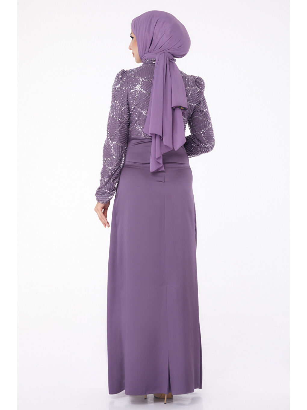 Hakim Yaka Kadın Mor Taşlı Abiye Elbise - 26196-4
