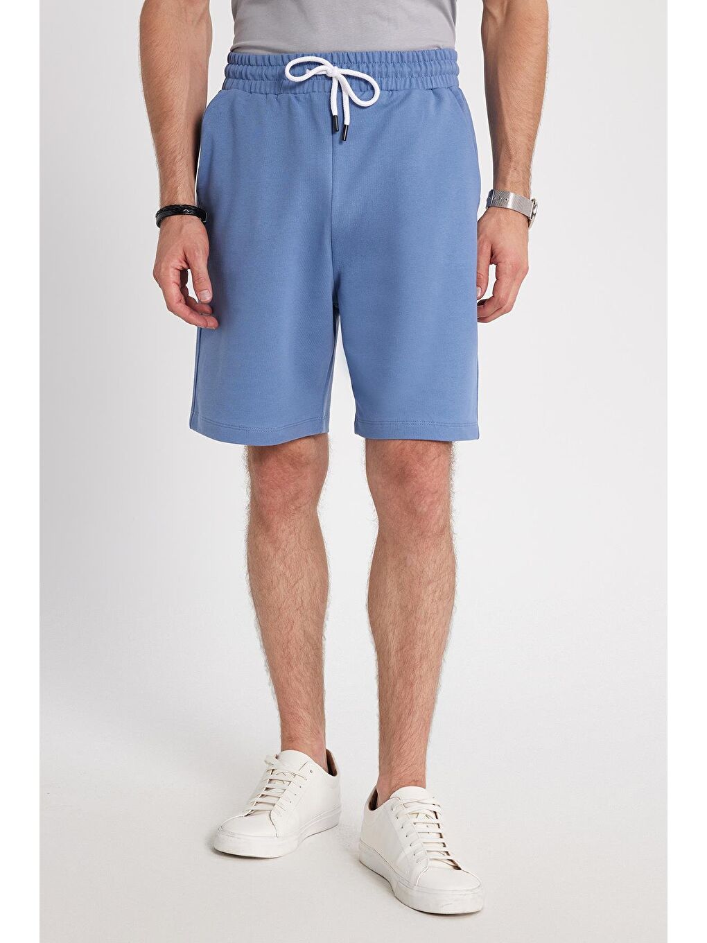 Erkek Relax Fit Rahat Kesim %100 Pamuk Beli Bağcıklı Mavi Şort
