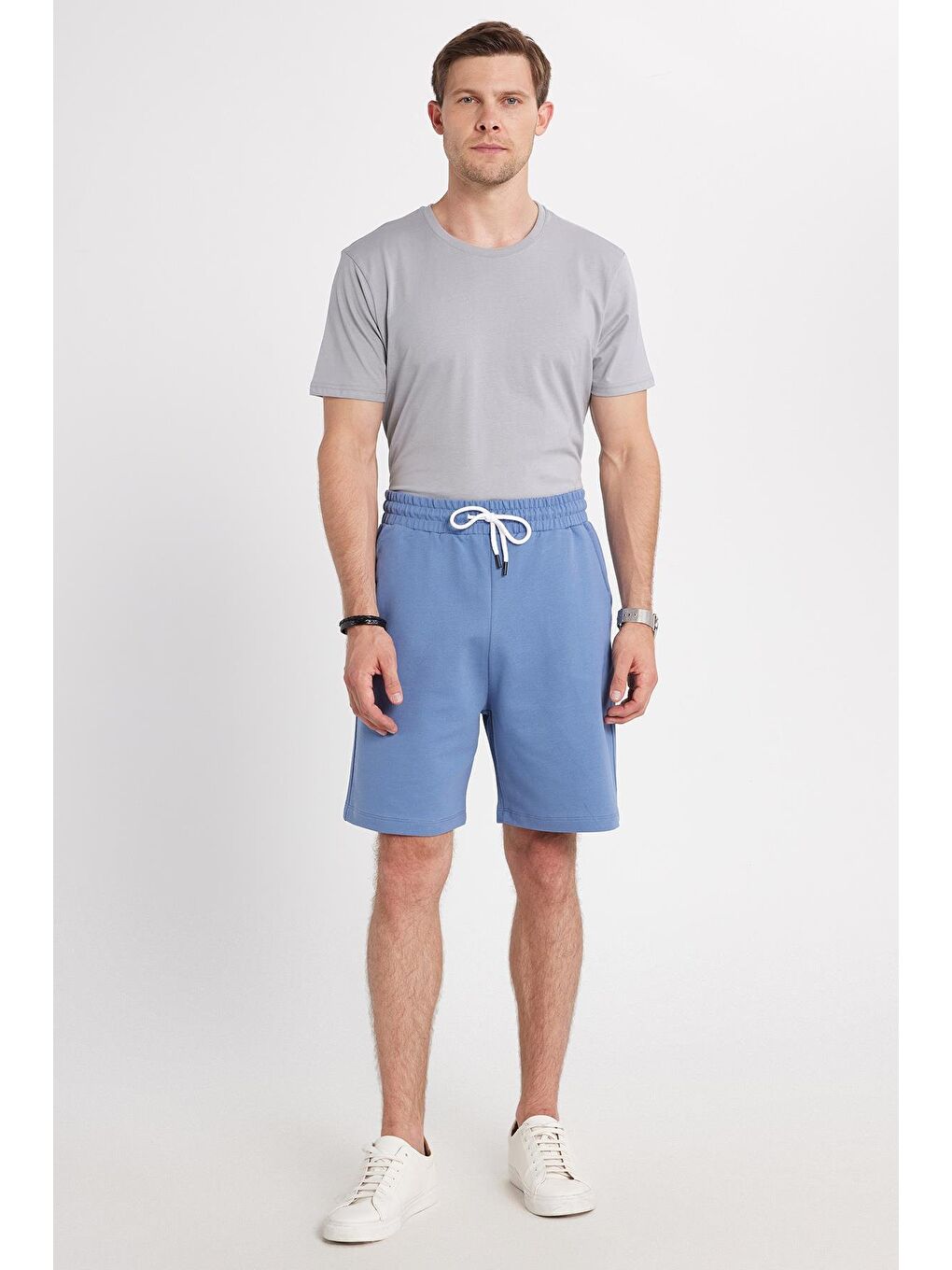 Erkek Relax Fit Rahat Kesim %100 Pamuk Beli Bağcıklı Mavi Şort-1