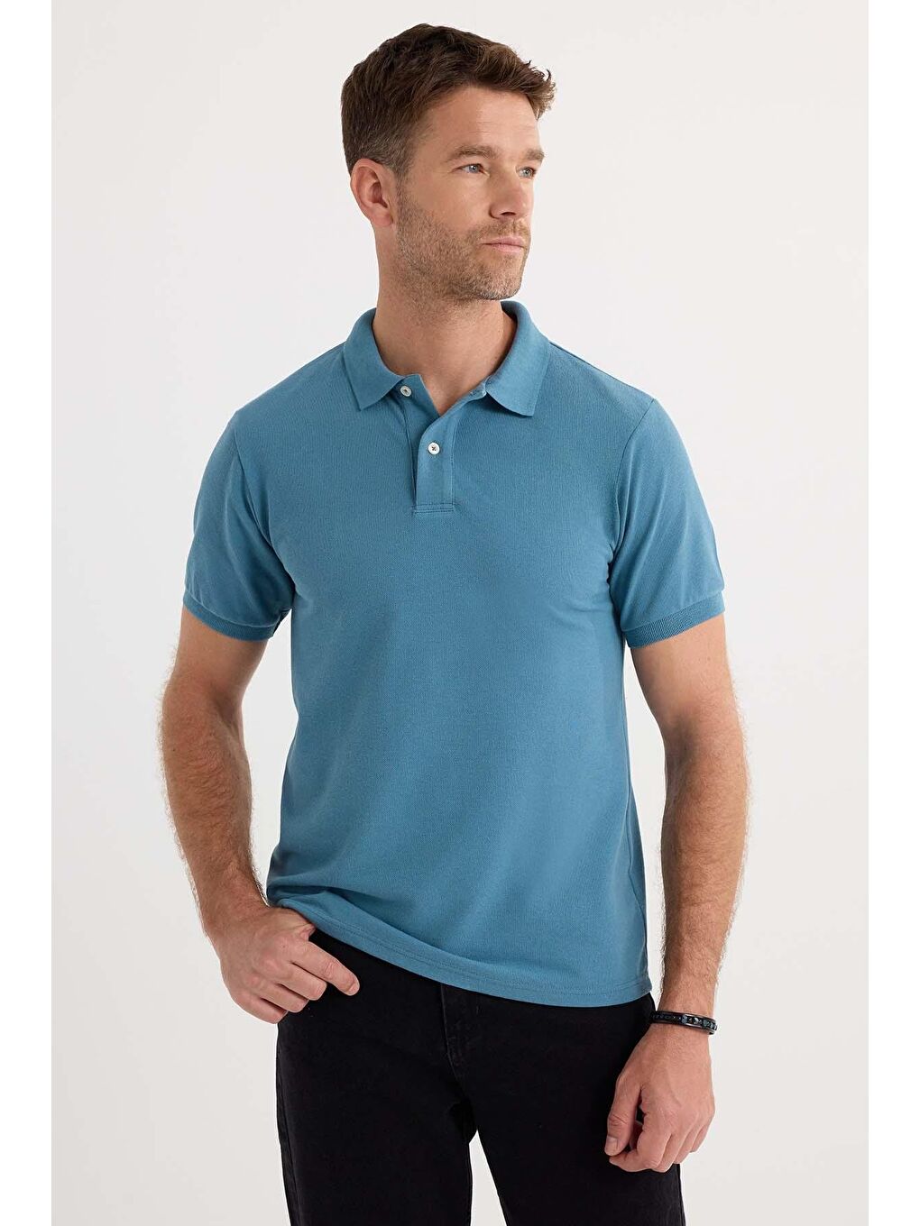 Erkek Slim Fit Dar Kesim Pamuklu Yumuşak Dokulu Serin Tutan Kumaş Düz Pike Mavi Polo Yaka Tişört