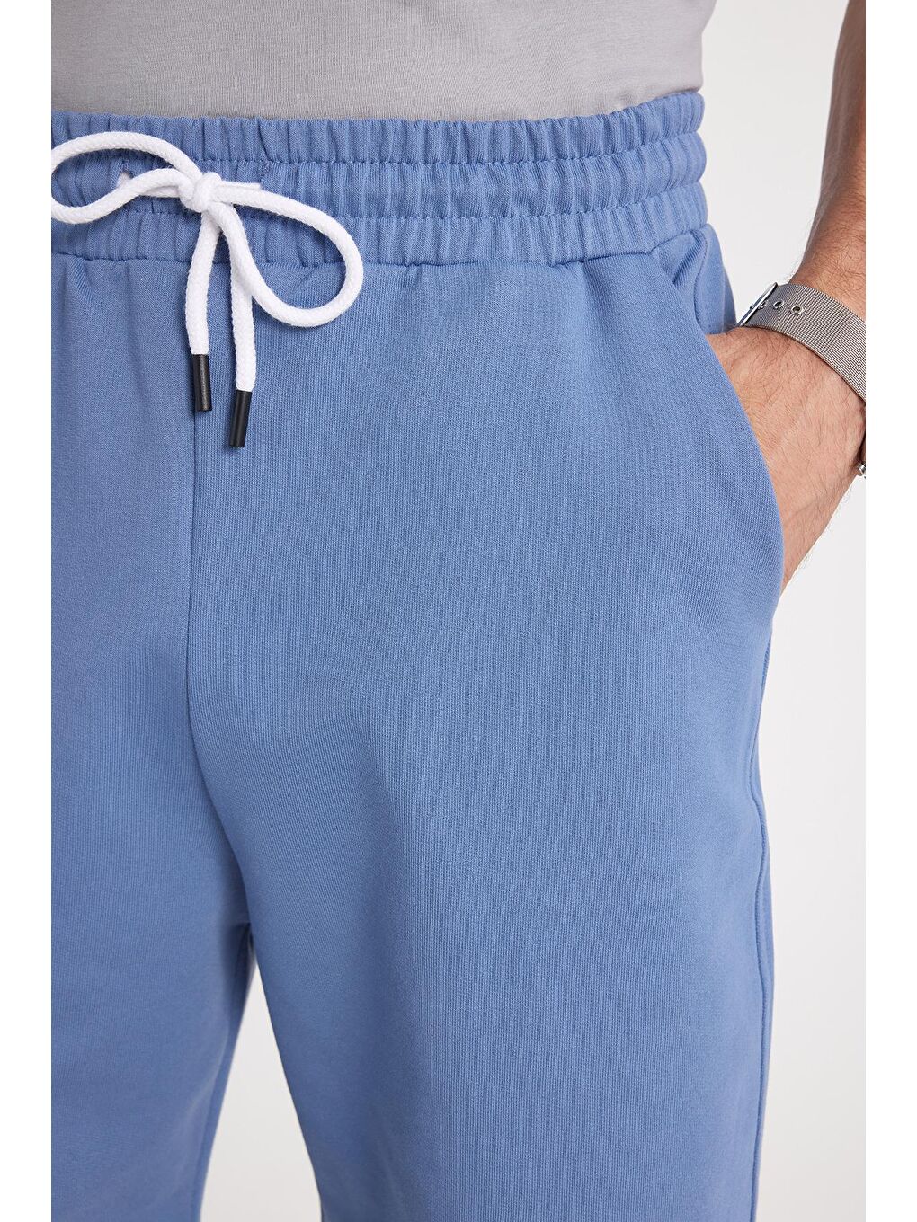 Erkek Relax Fit Rahat Kesim %100 Pamuk Beli Bağcıklı Mavi Şort-2