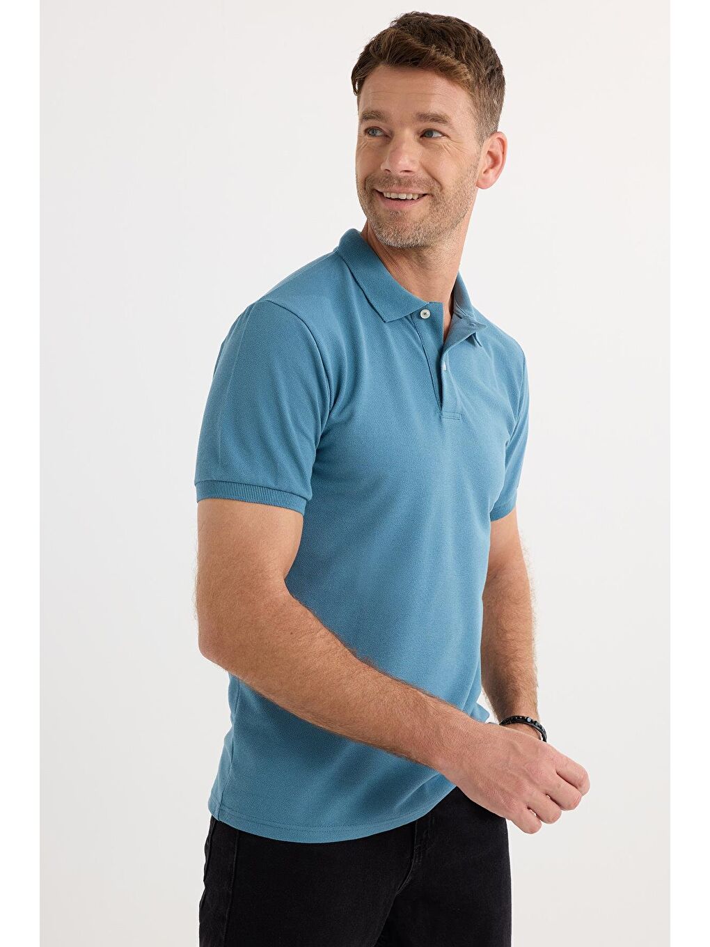 Erkek Slim Fit Dar Kesim Pamuklu Yumuşak Dokulu Serin Tutan Kumaş Düz Pike Mavi Polo Yaka Tişört-1