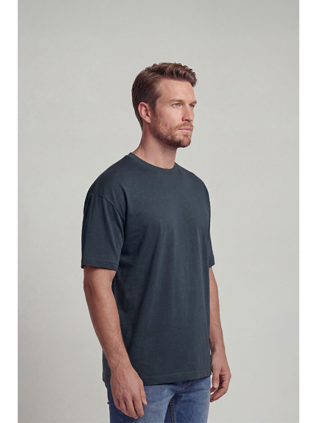 Gri %100 Organik Pamuk Düz Oversize Füme Erkek Tişört-2