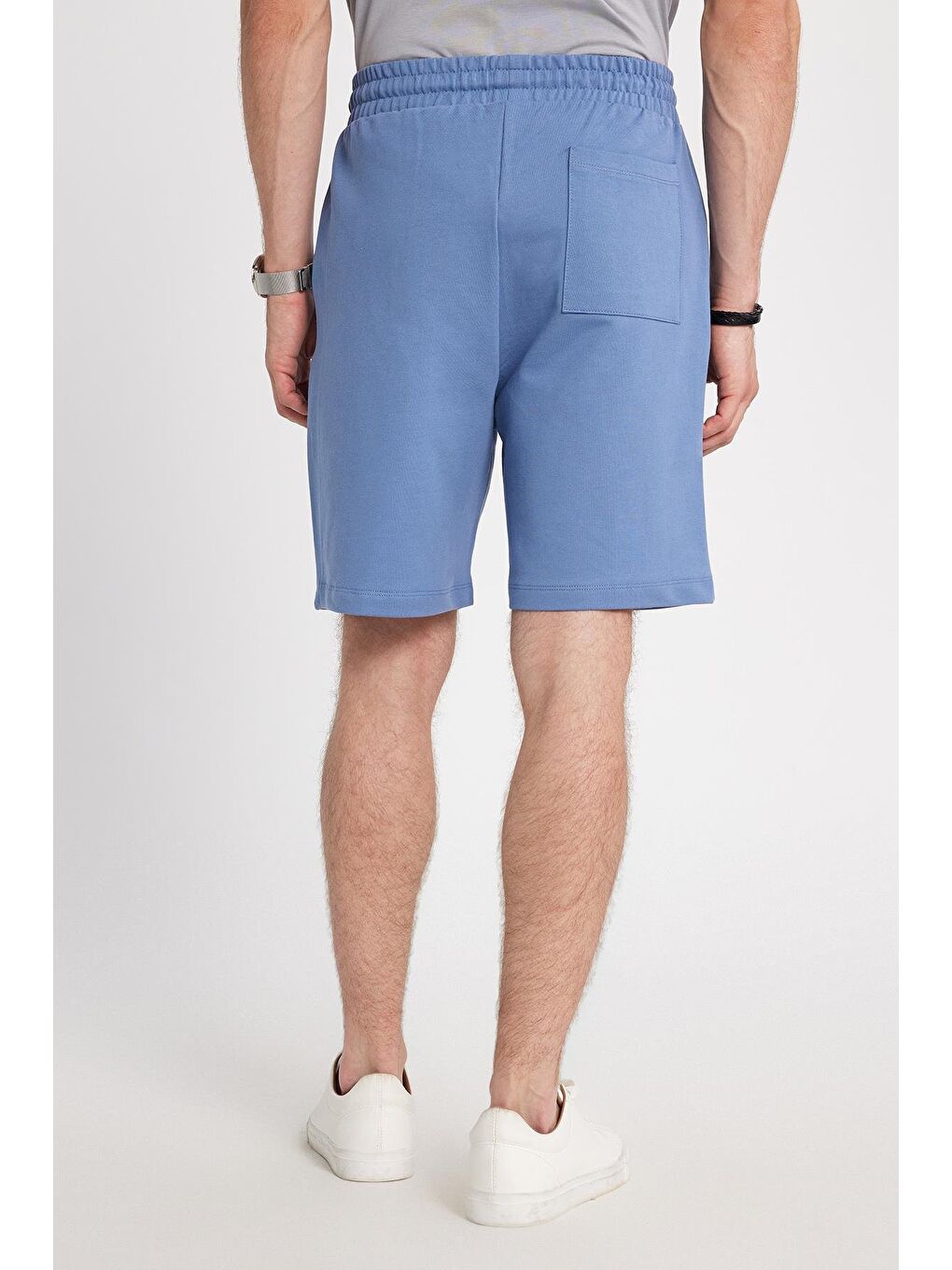 Erkek Relax Fit Rahat Kesim %100 Pamuk Beli Bağcıklı Mavi Şort-4