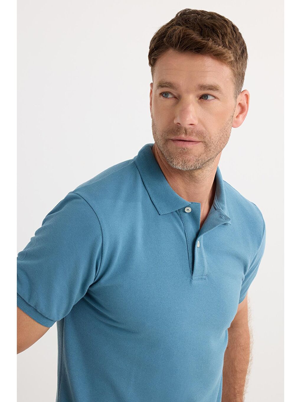 Erkek Slim Fit Dar Kesim Pamuklu Yumuşak Dokulu Serin Tutan Kumaş Düz Pike Mavi Polo Yaka Tişört-3
