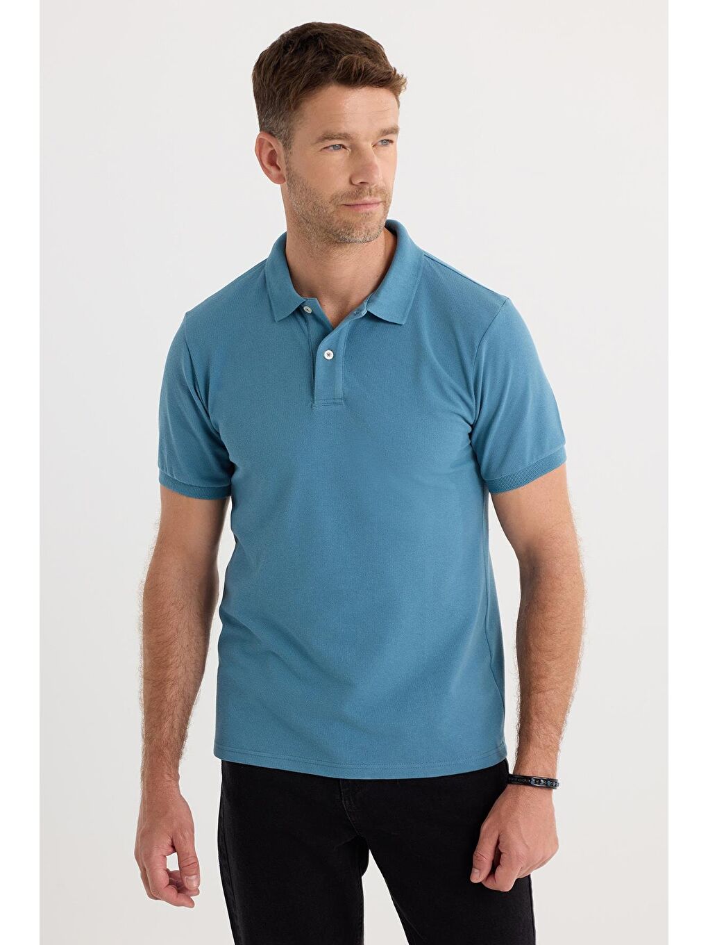 Erkek Slim Fit Dar Kesim Pamuklu Yumuşak Dokulu Serin Tutan Kumaş Düz Pike Mavi Polo Yaka Tişört-4