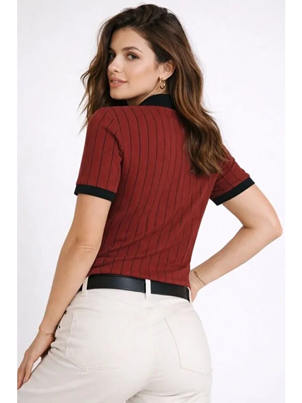 Polo Yaka Çizgili Tişört Kısa Kol Düğmeli Yazlık T-Shirt - Bordo-1