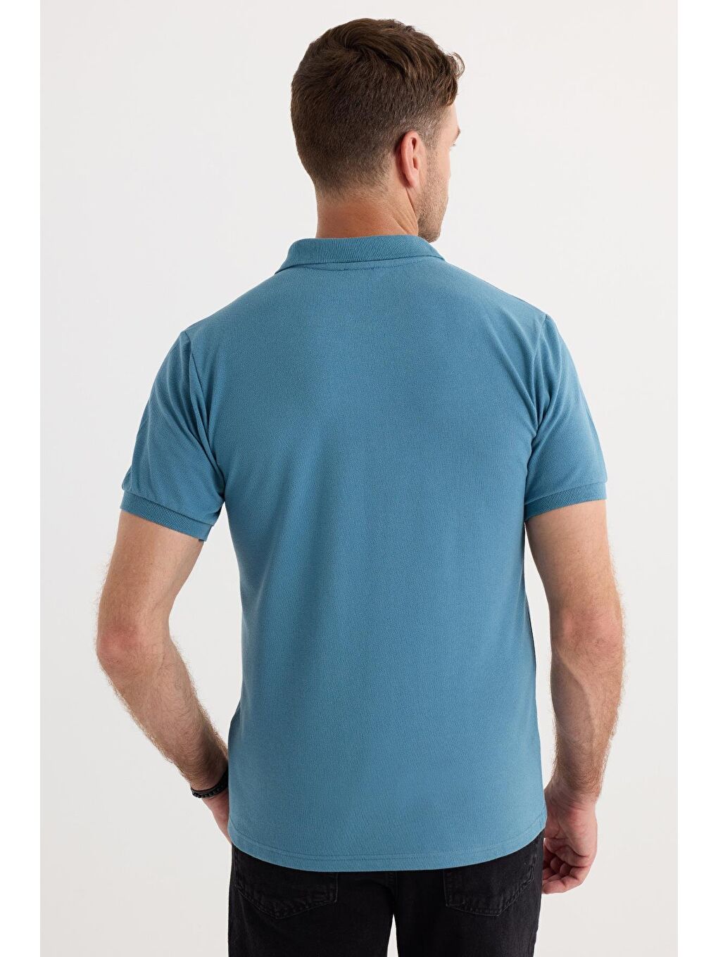 Erkek Slim Fit Dar Kesim Pamuklu Yumuşak Dokulu Serin Tutan Kumaş Düz Pike Mavi Polo Yaka Tişört-6