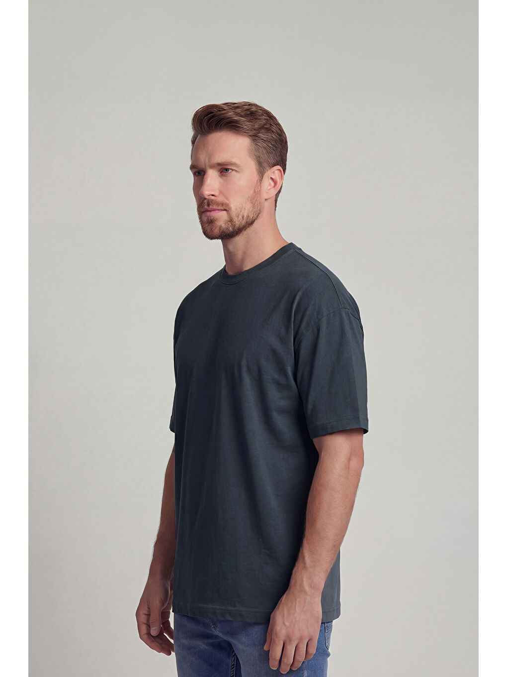 Gri %100 Organik Pamuk Düz Oversize Füme Erkek Tişört-4