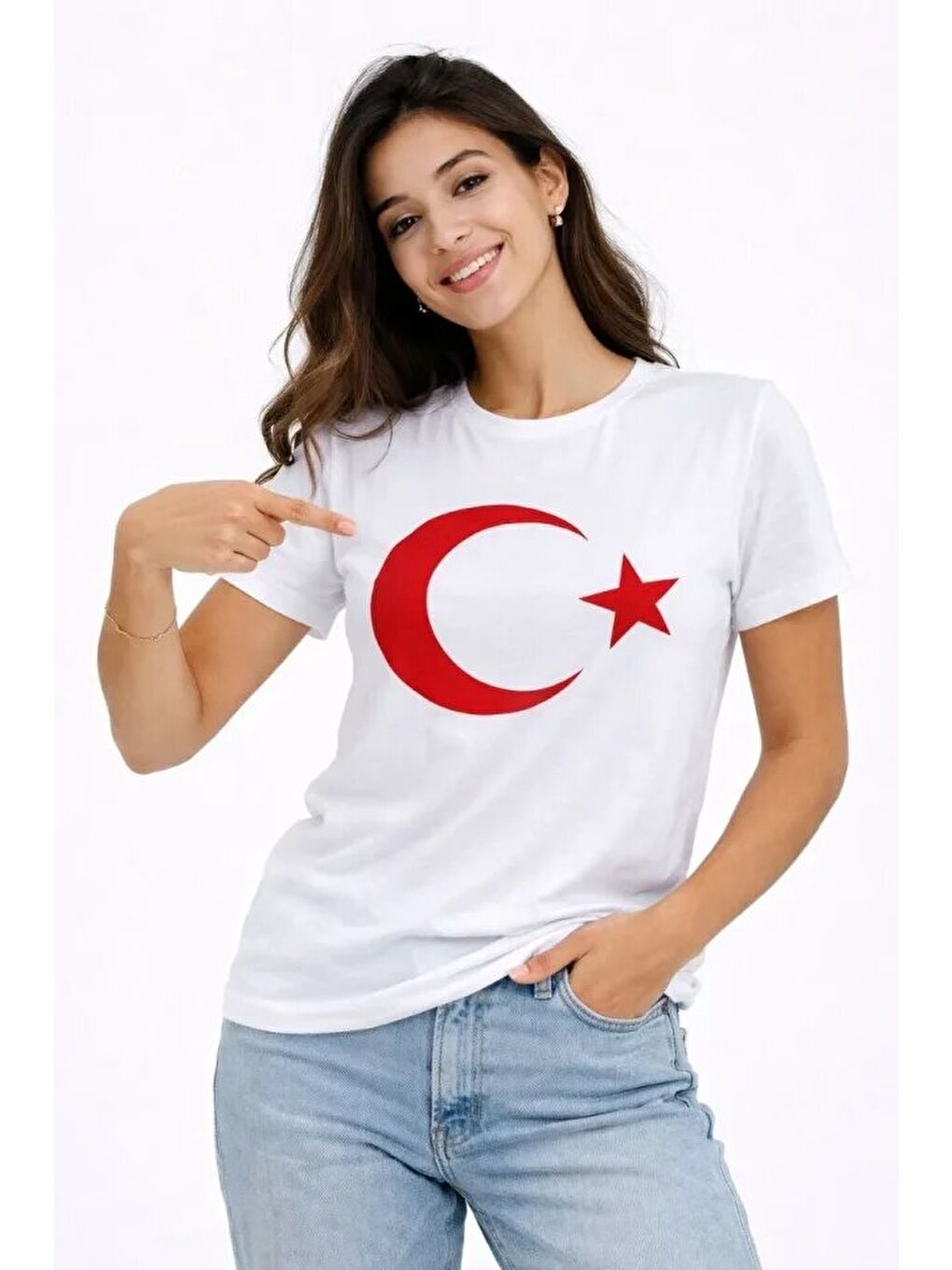 T-Shirt Kısa Kol Bisiklet Yaka Ay Yıldız Bayrak Baskılı Tişört - Beyaz-2